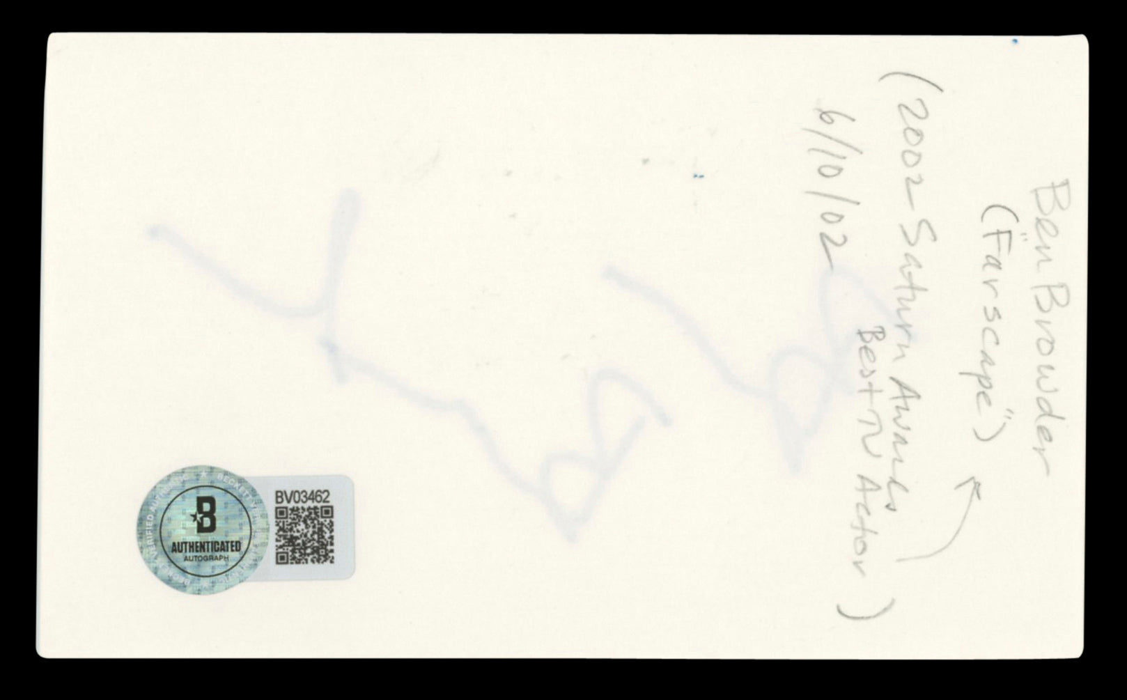 Ben Browder Farscape Authentic Signed 3x5 Index Card Autographed BAS #BV03462
