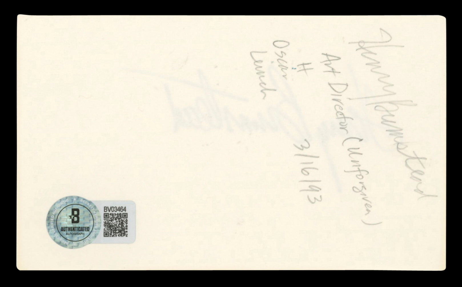 Henry Bumstead Authentic Signed 3x5 Index Card Autographed BAS #BV03464