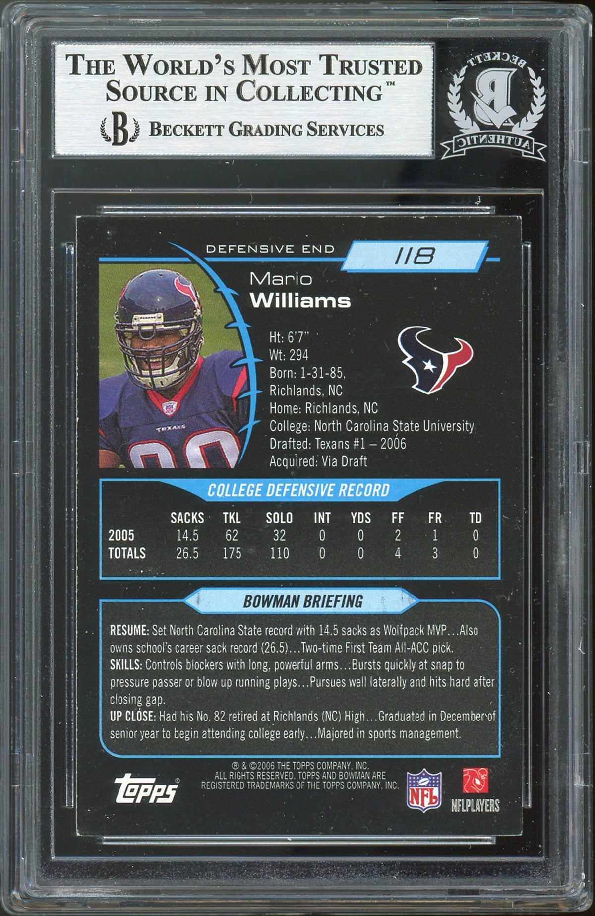 Texans Mario Williams Authentic Signed 2006 Bowman #118 Card BAS Slabbed