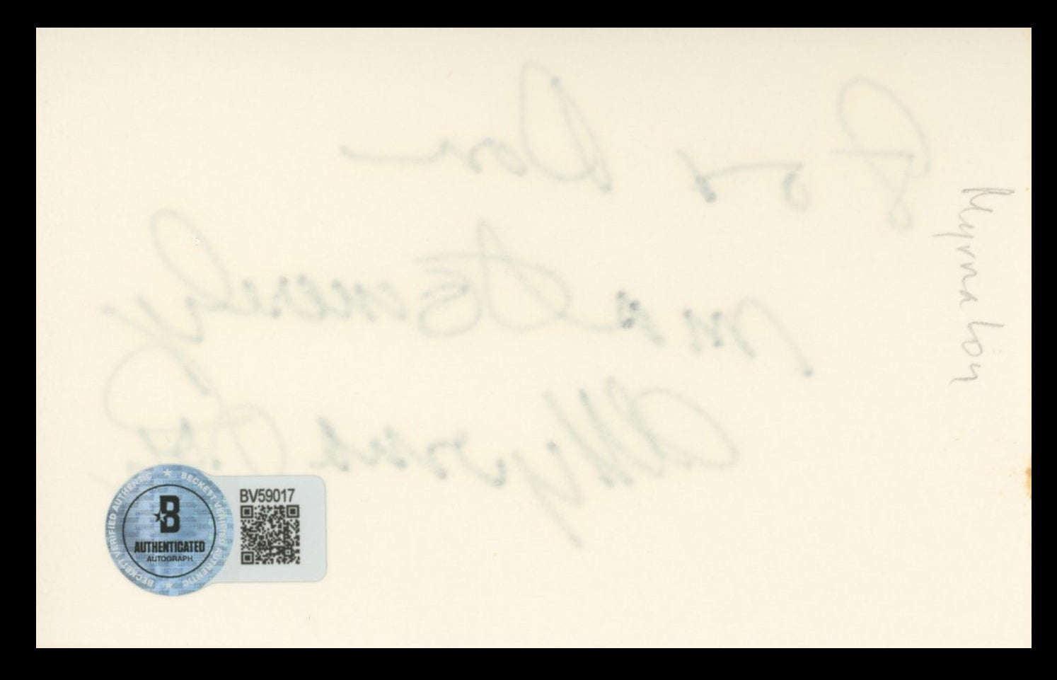 Myrna Loy The Thin Man For Authentic Signed 3x5 Index Card BAS #BV59017