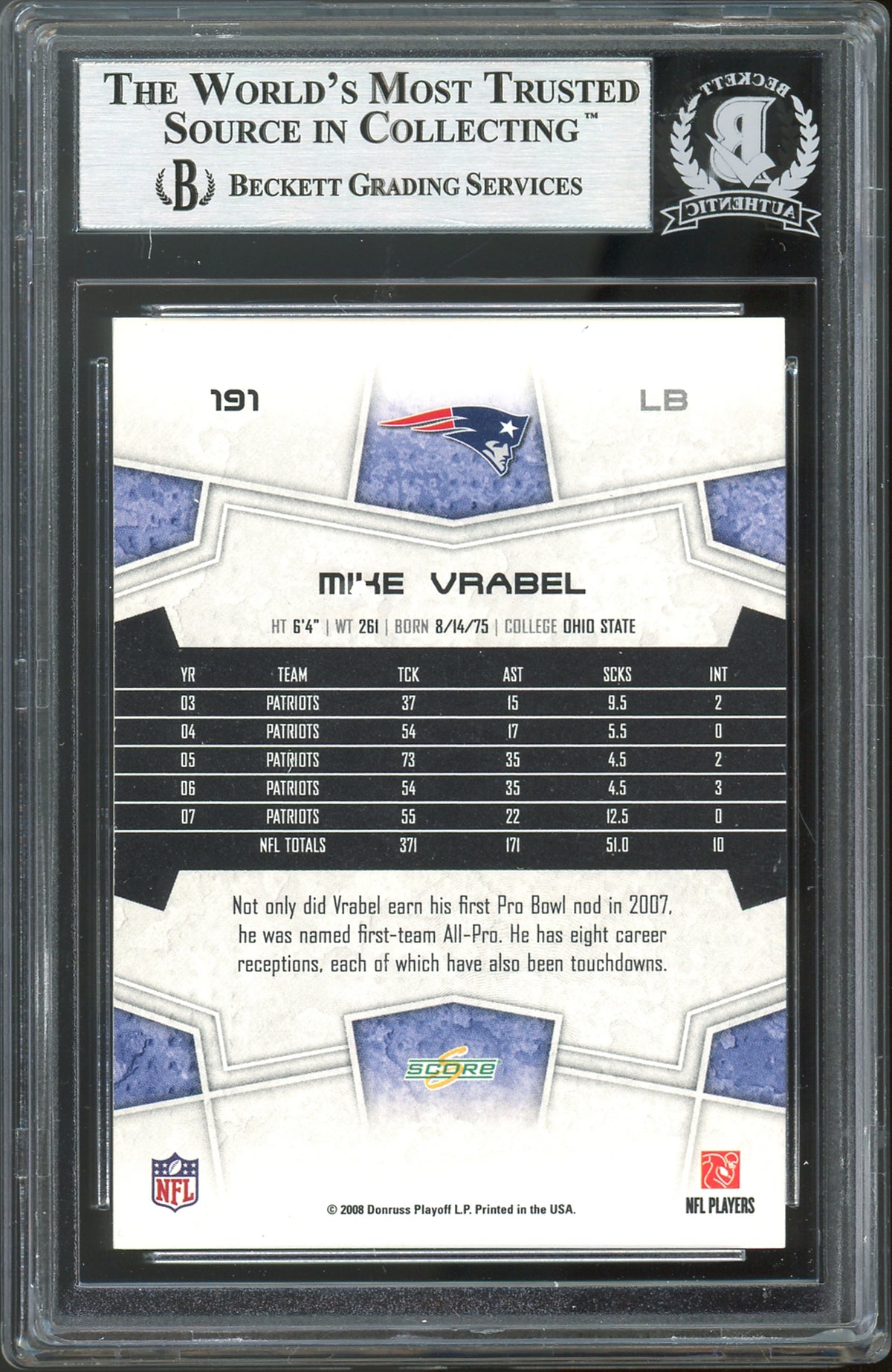 Patriots Mike Vrabel Authentic Signed 2008 Score #191 Card BAS Slabbed