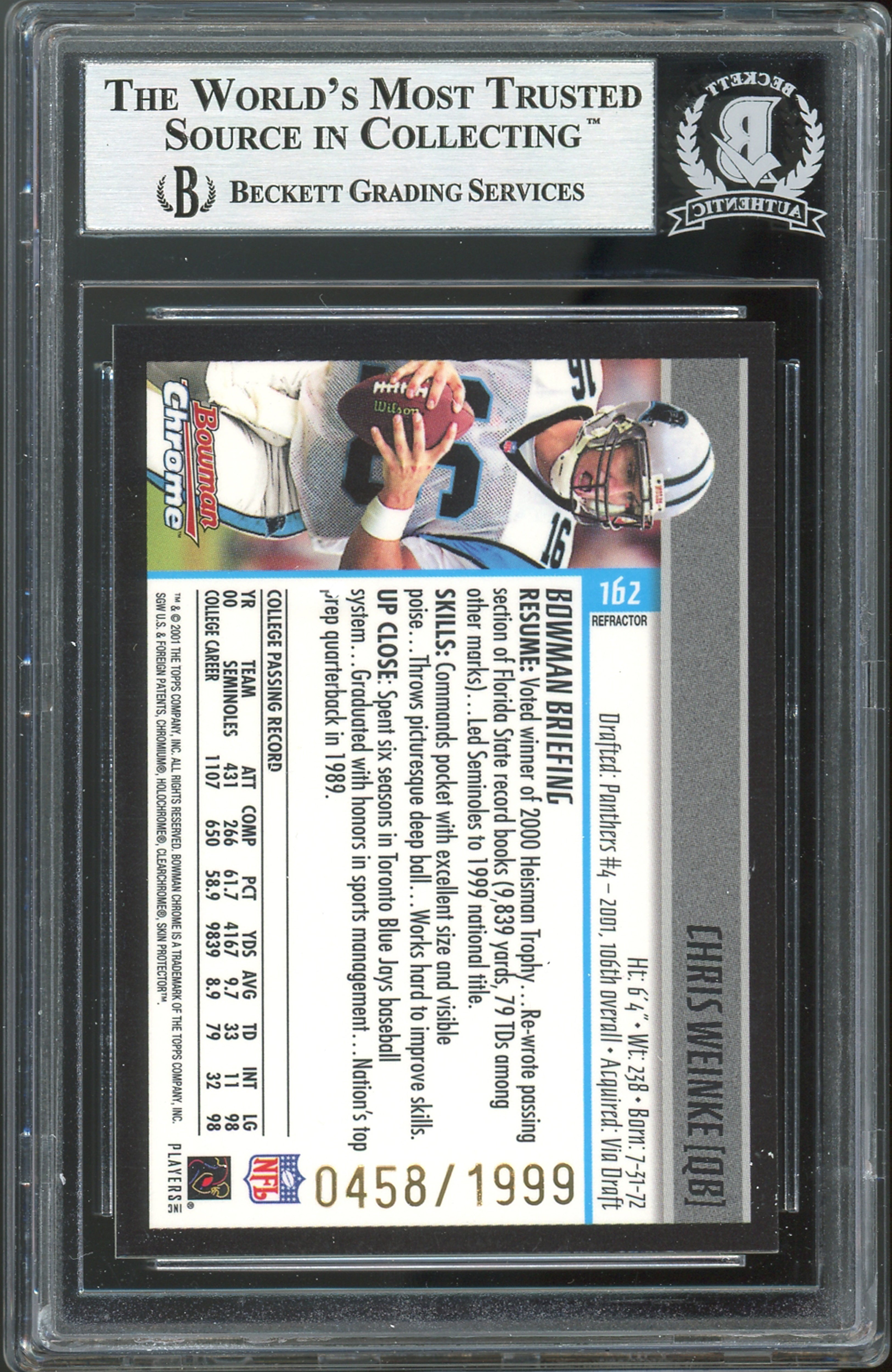 Panthers Chris Weinke Authentic Signed 2001 Bowman Chrome #162 Card BAS Slabbed
