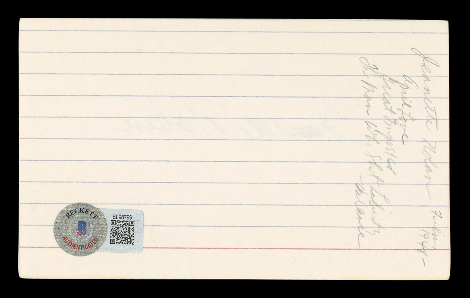 Jeanette Nolan Man Who Shot Liberty Valance Signed 3x5 Index Card BAS #BL98799