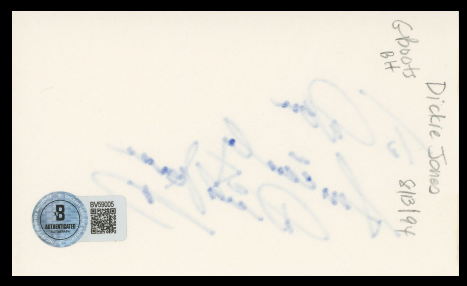 Dickie Jones Pinocchio "Sincerely" Authentic Signed 3x5 Index Card BAS #BV59005