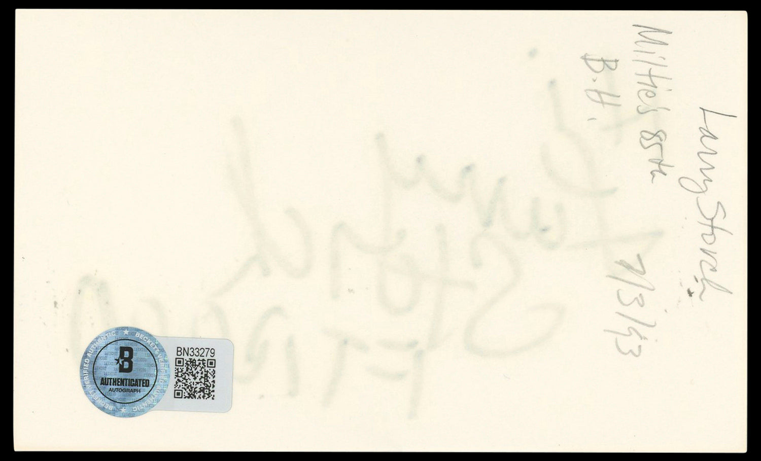 Larry Storch F Troop Authentic Signed 3x5 Index Card Autographed BAS #BN33279