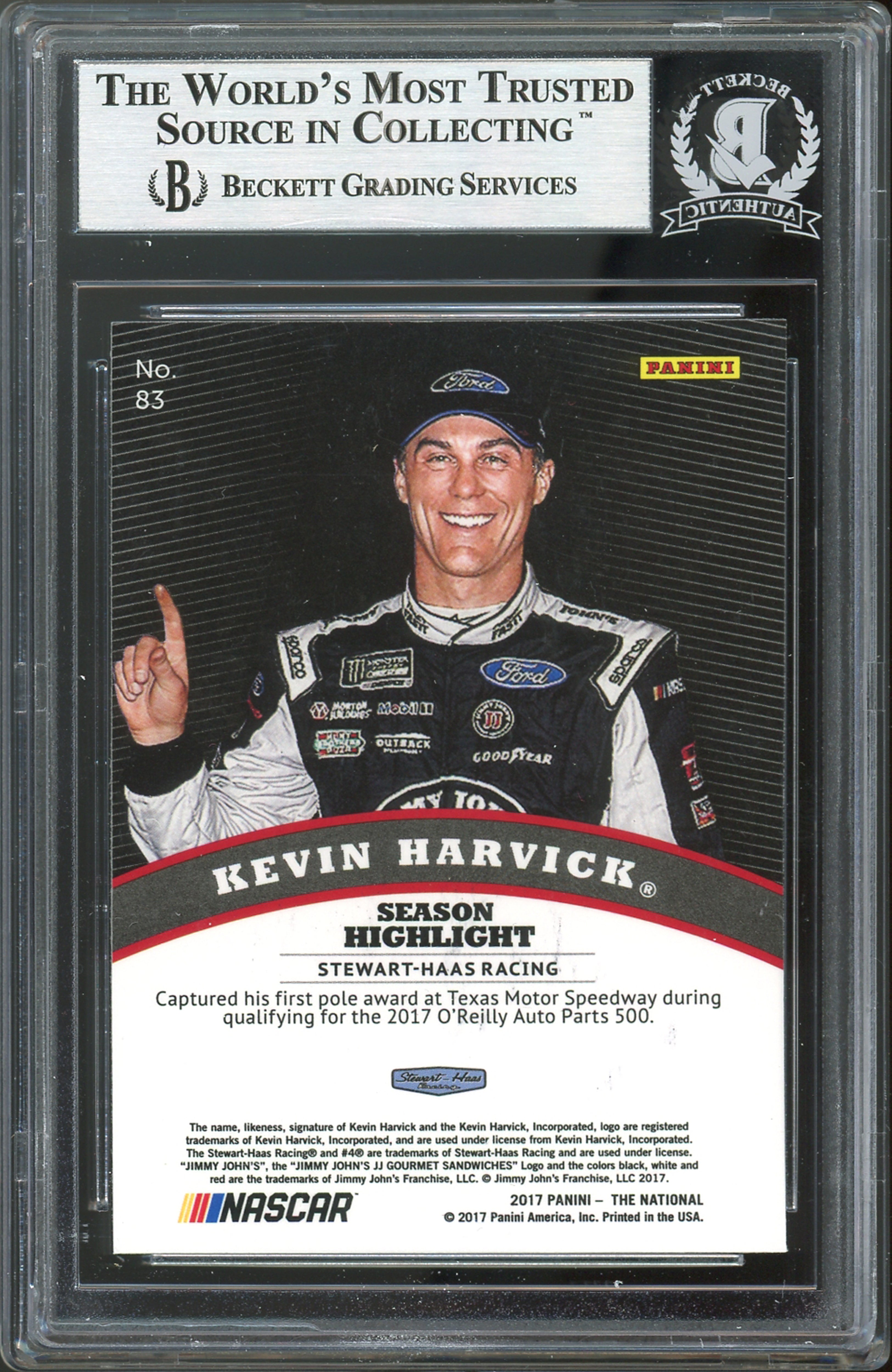 NASCAR Kevin Harvick Authentic Signed 2017 Panini VIP #83 Card BAS Slabbed