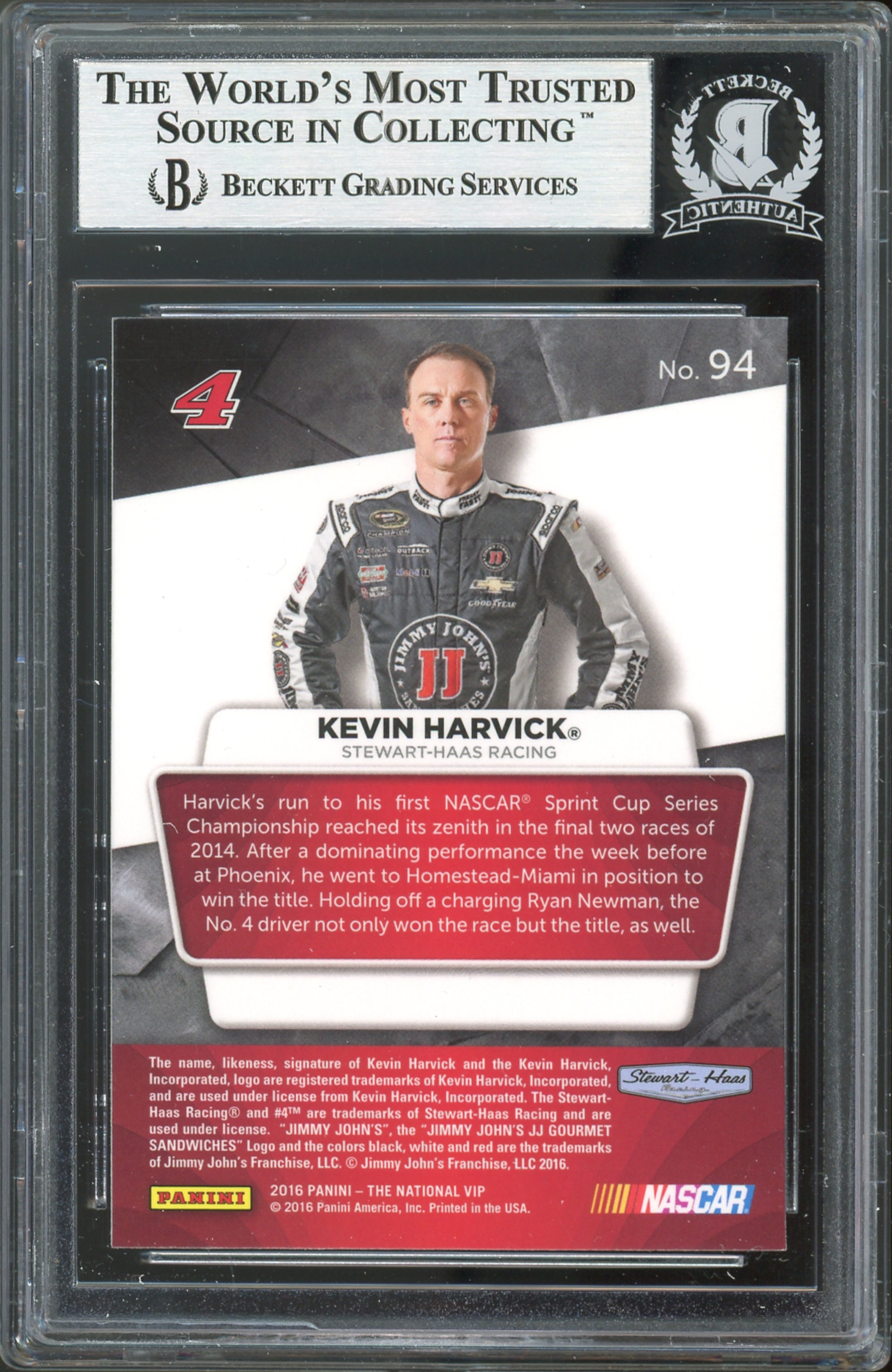 NASCAR Kevin Harvick Authentic Signed 2016 Panini VIP Prizm #94 Card BAS Slabbed