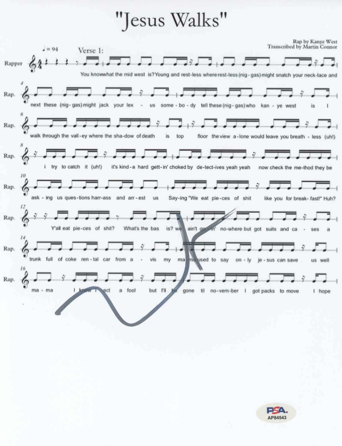 Kanye West Authentic Signed 8.5x11 Jesus Walks Music Sheet Photo PSA #AP84543