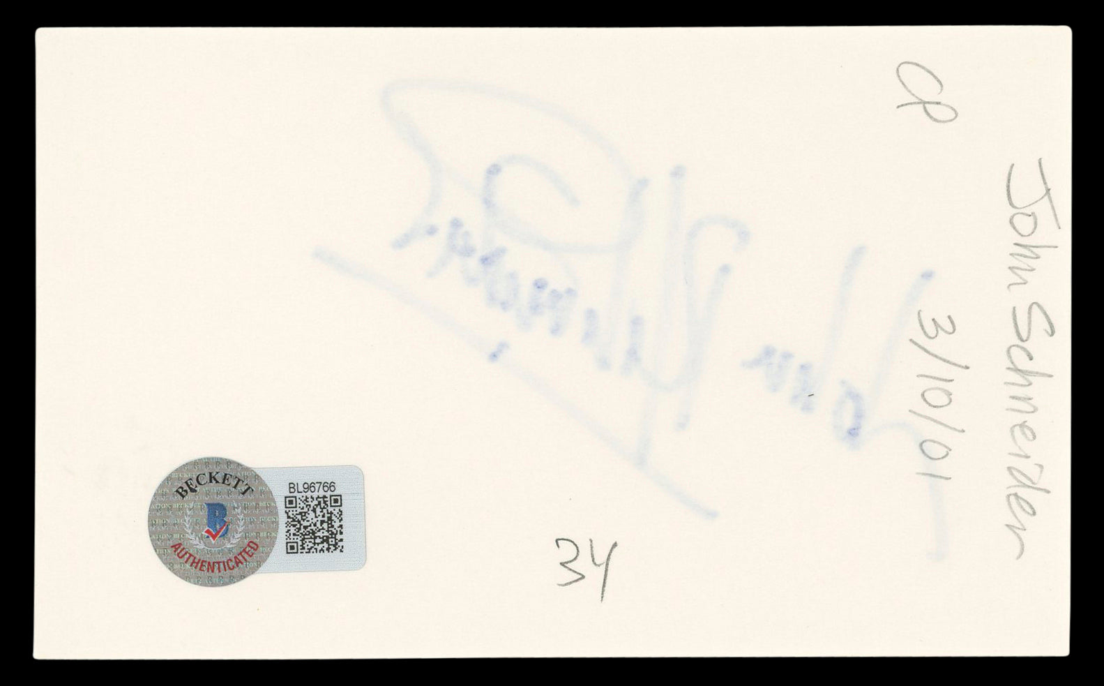 John Schneider The Dukes Of Hazzard Authentic Signed 3x5 Index Card BAS #BL96766