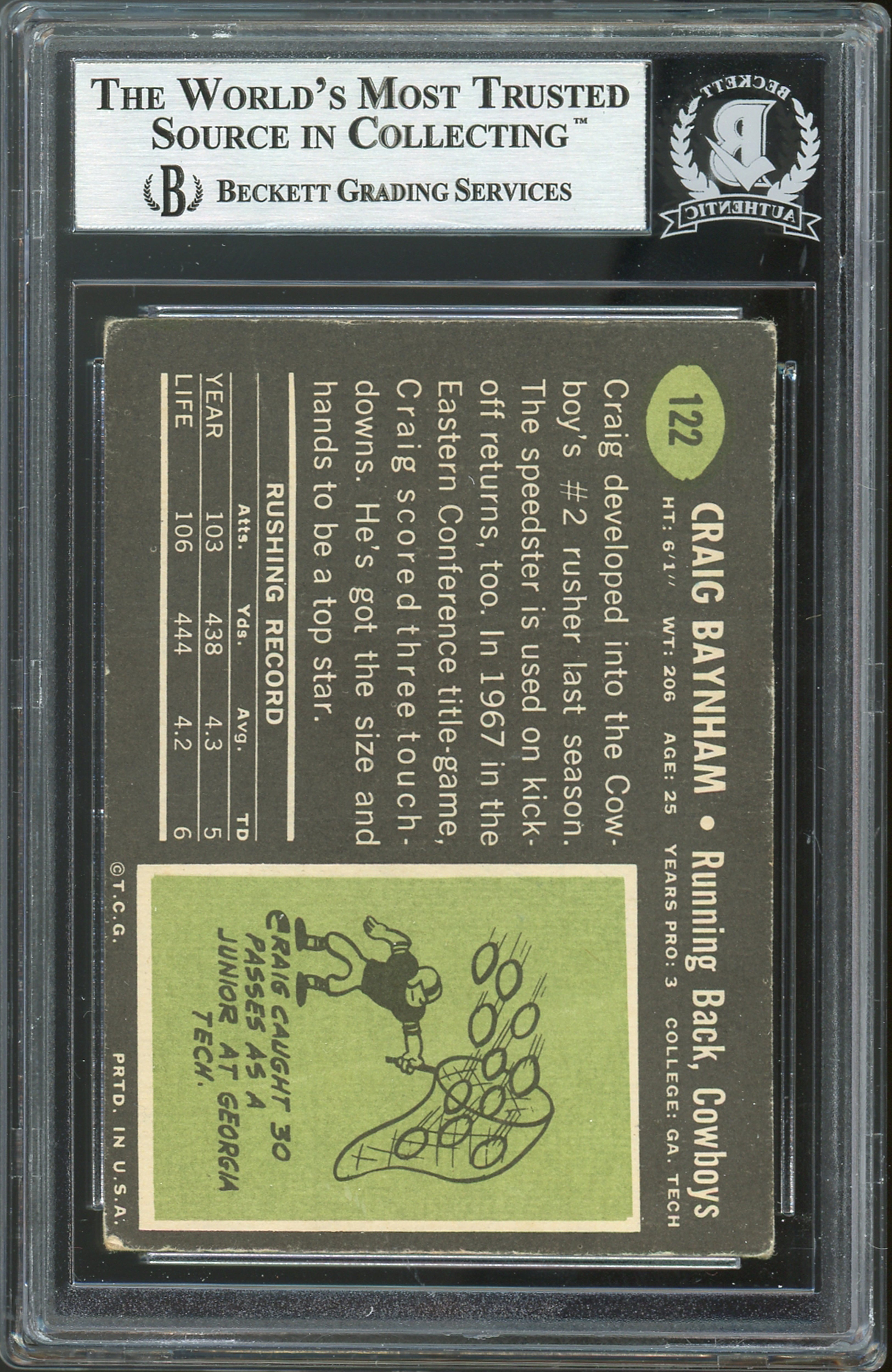 Cowboys Craig Baynham Authentic Signed 1969 Topps #122 Card BAS Slabbed