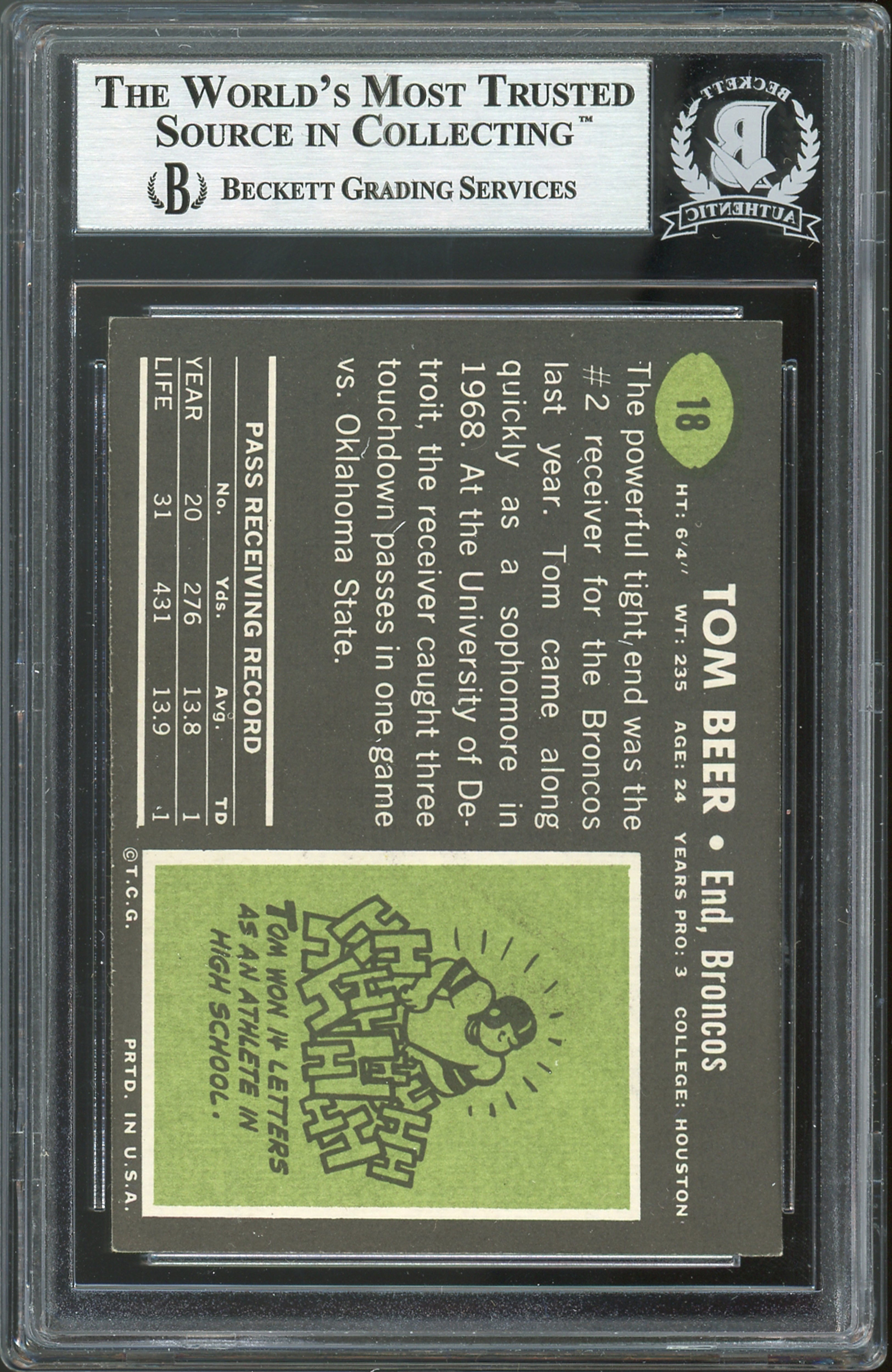 Broncos Tom Beer Authentic Signed 1969 Topps #18 Card BAS Slabbed