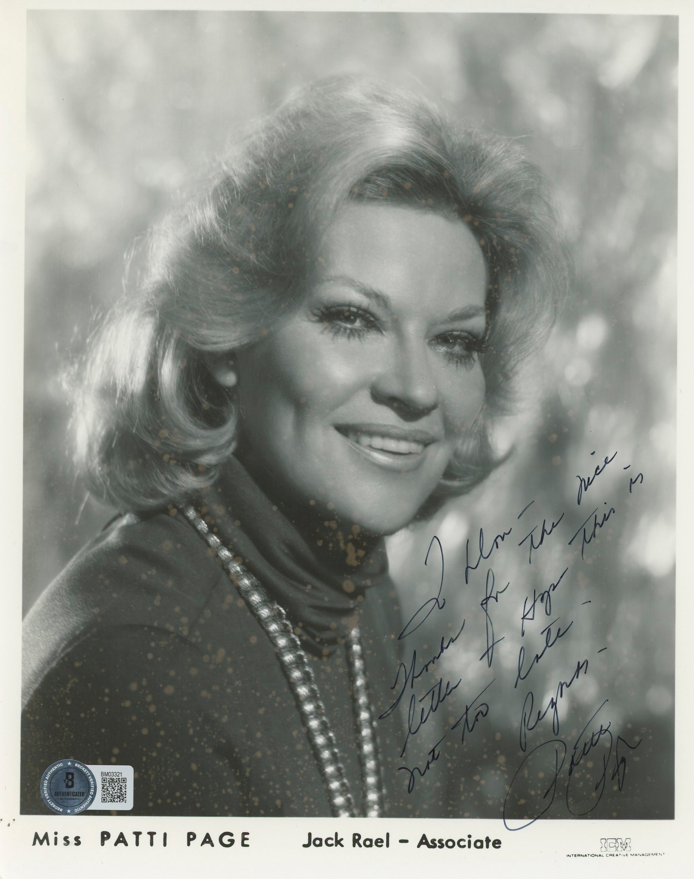 Patti Page Singer "Thanks For The Nice Letter" Signed 8x10 Photo BAS #BM03321