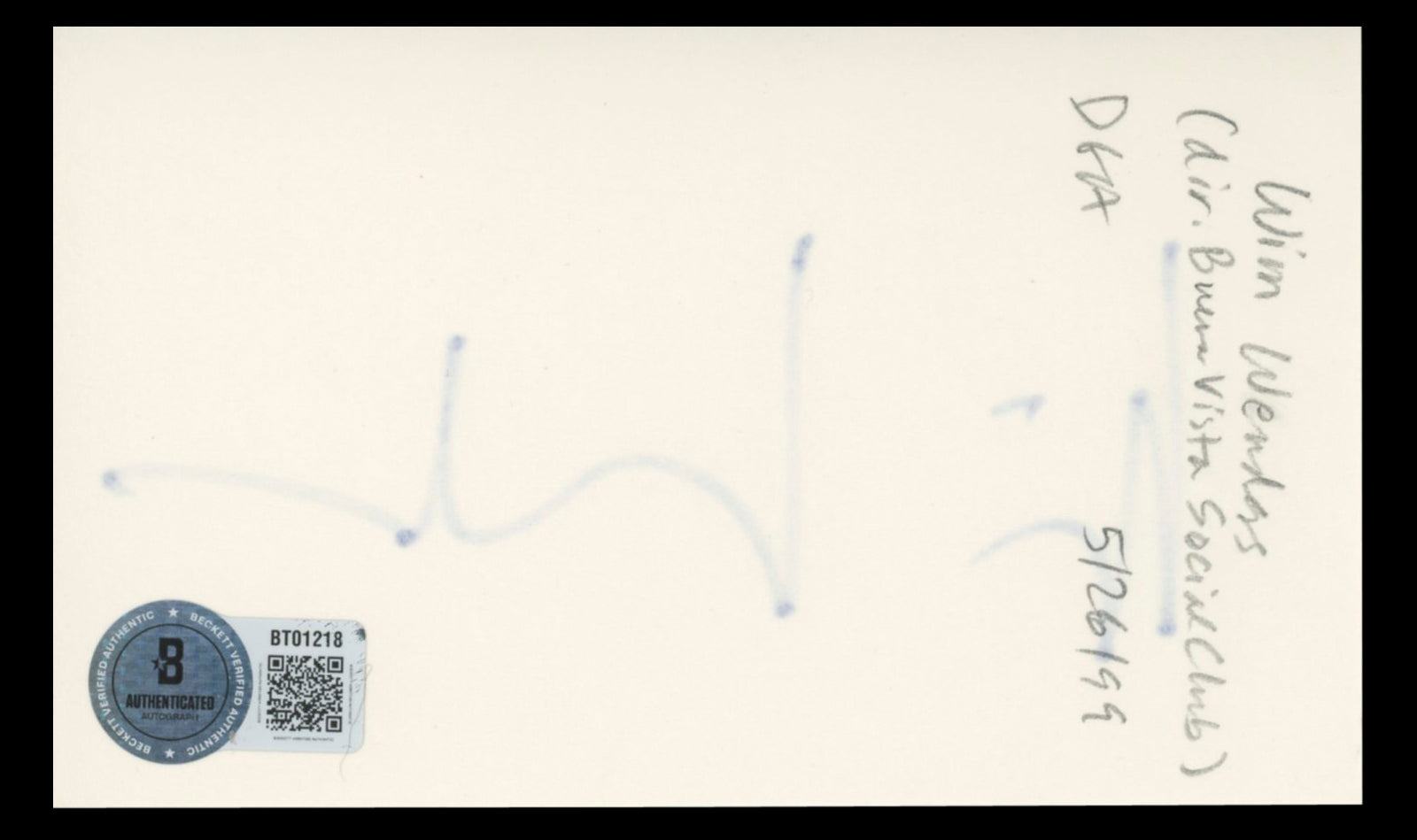 Wim Wenders Buena Vista Social Club Authentic Signed 3x5 Index Card BAS #BT01218