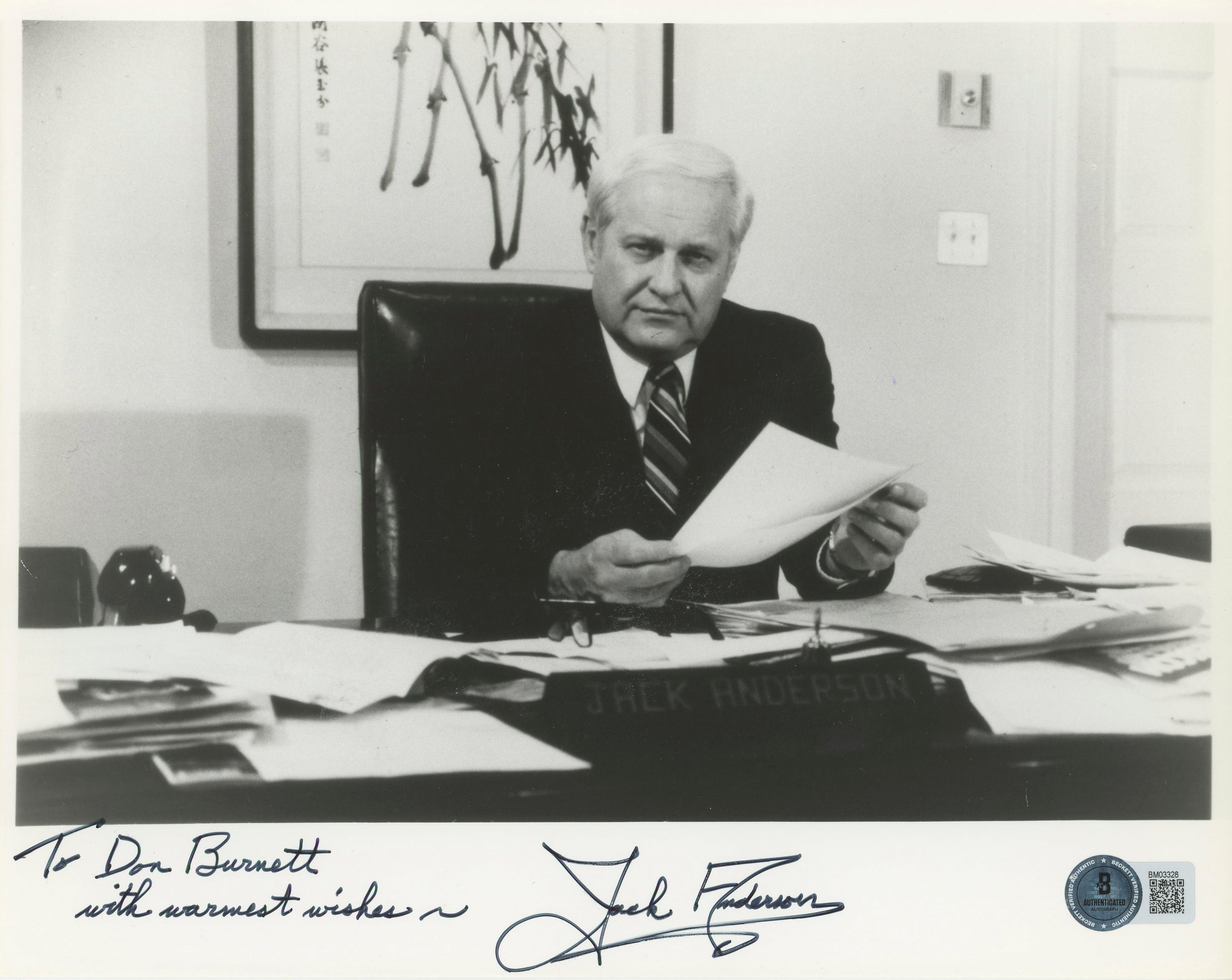 Jack Anderson Writer "With Warmest Wishes" Signed 8x10 Photo BAS #BM03328