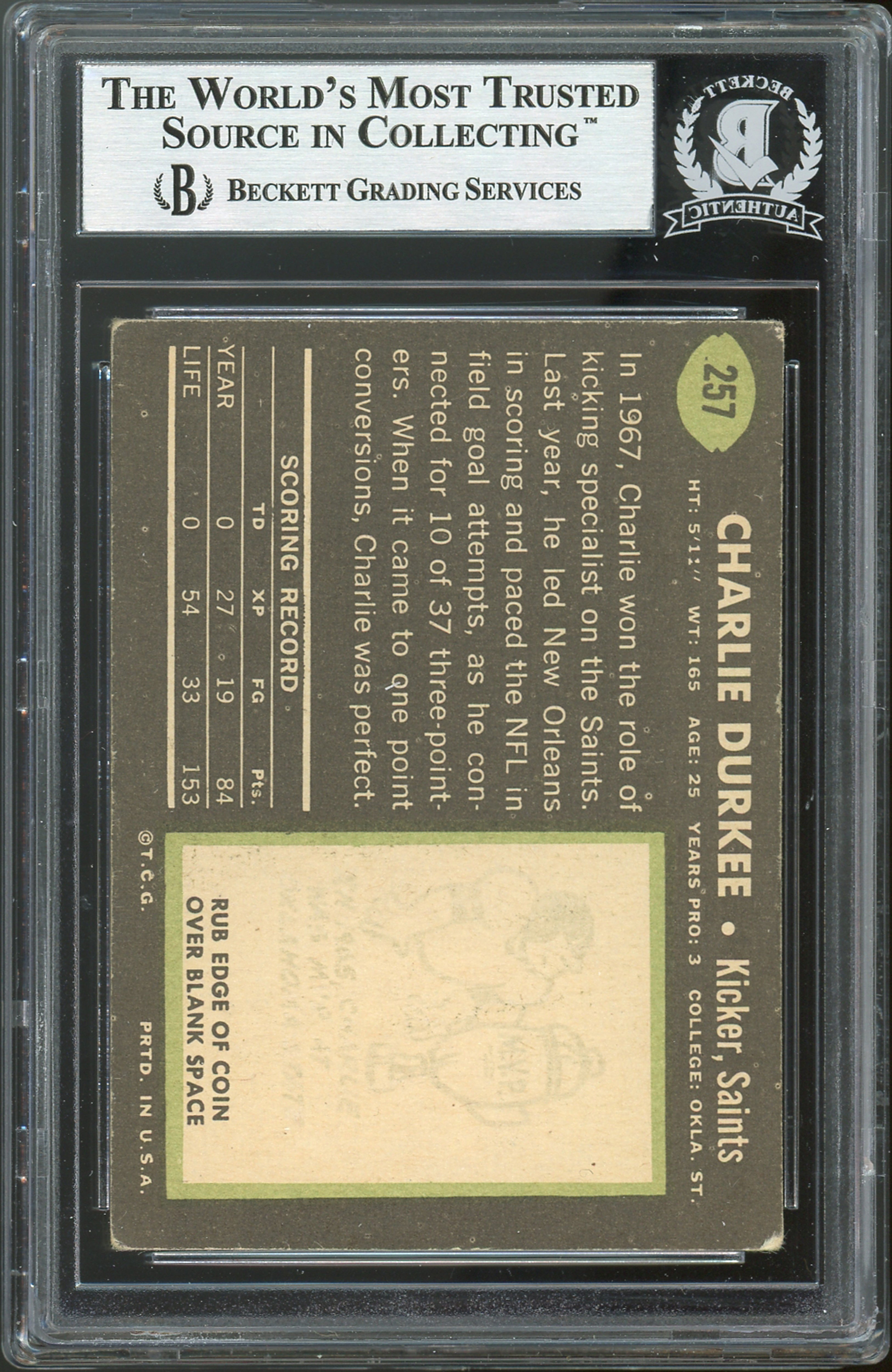 Saints Charlie Durkee Authentic Signed 1969 Topps #257 Card BAS Slabbed