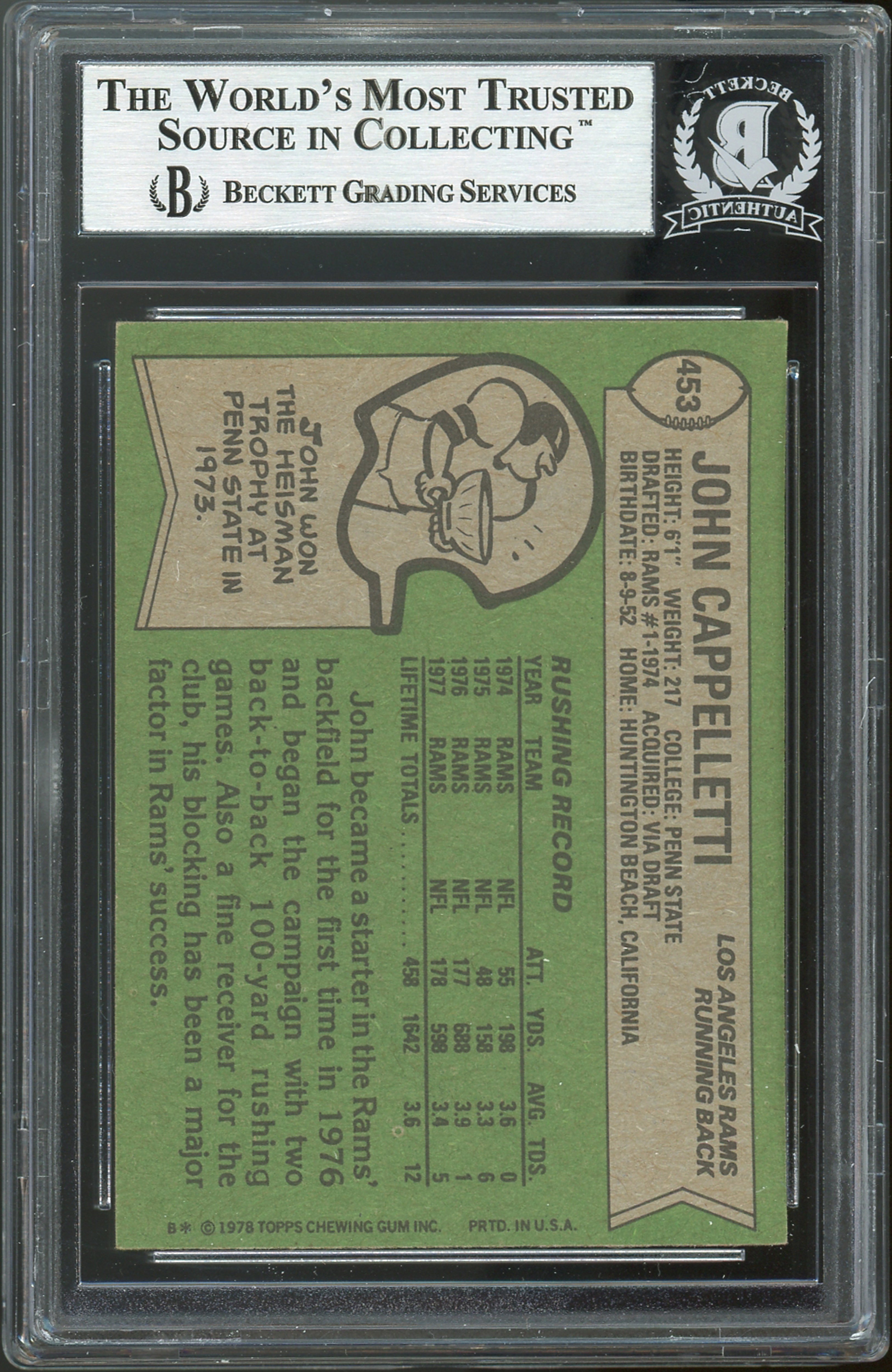 Rams John Cappelletti Authentic Signed 1978 Topps #453 Card BAS Slabbed