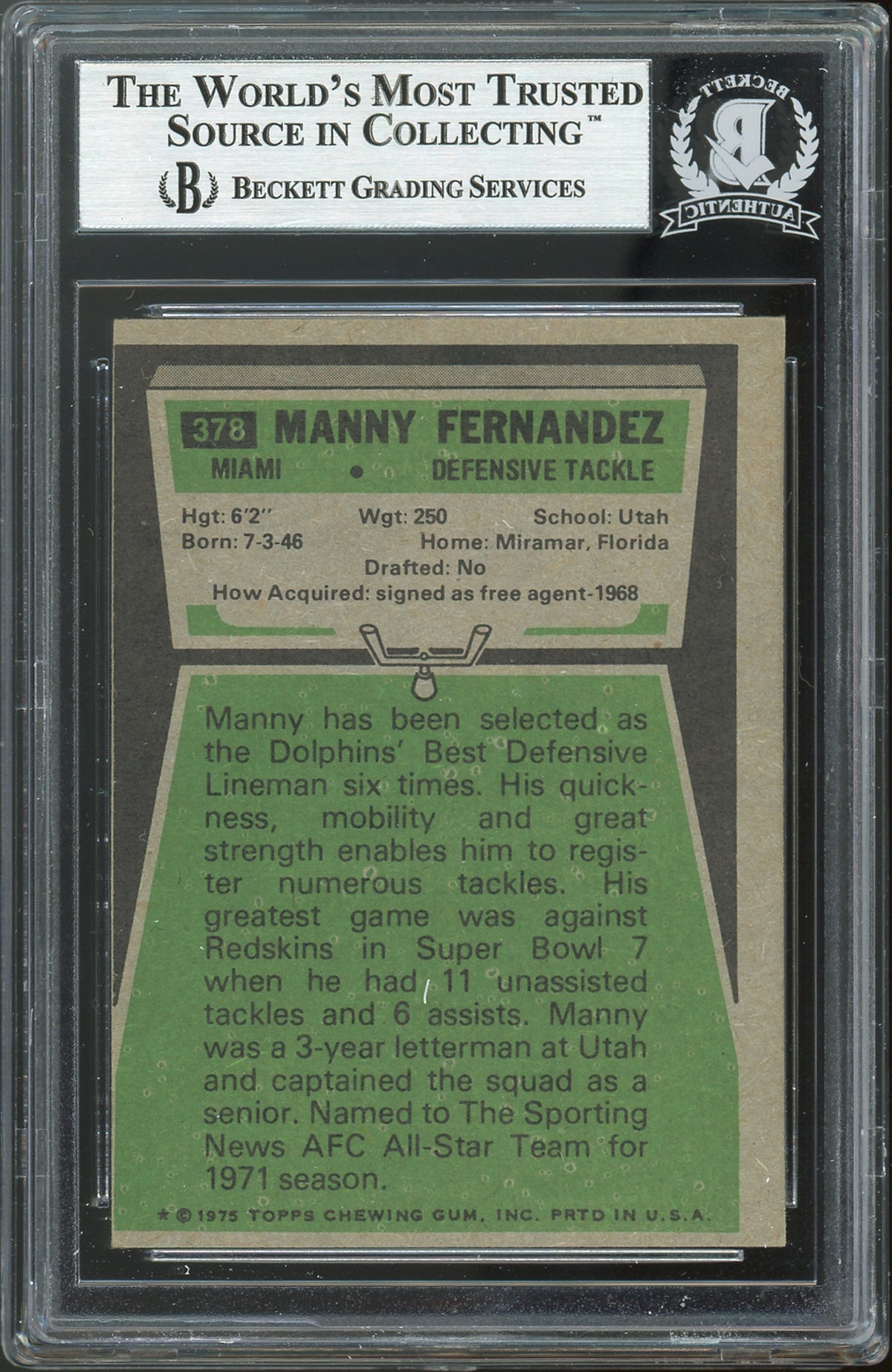 Dolphins Manny Fernandez 17-0 Perfect Season Signed 75 Topps #378 Card BAS Slab