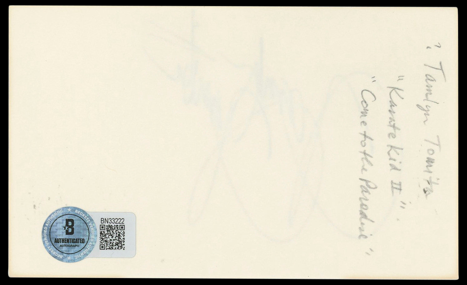 Tamlyn Tomita Cobra Kai Authentic Signed 3x5 Index Card Autographed BAS #BN33222