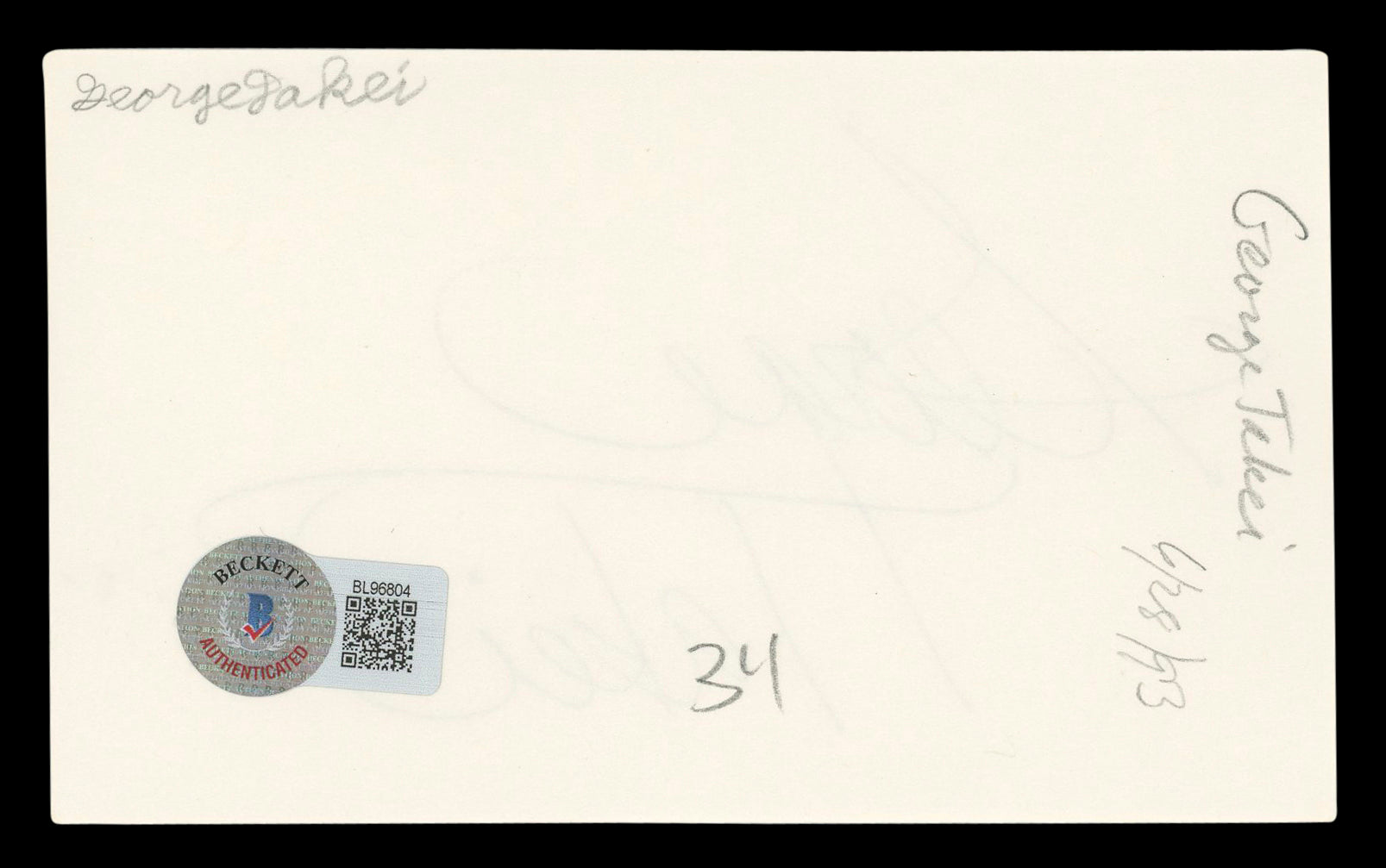 George Takei Star Trek: The Original Series Signed 3x5 Index Card BAS #BL96804