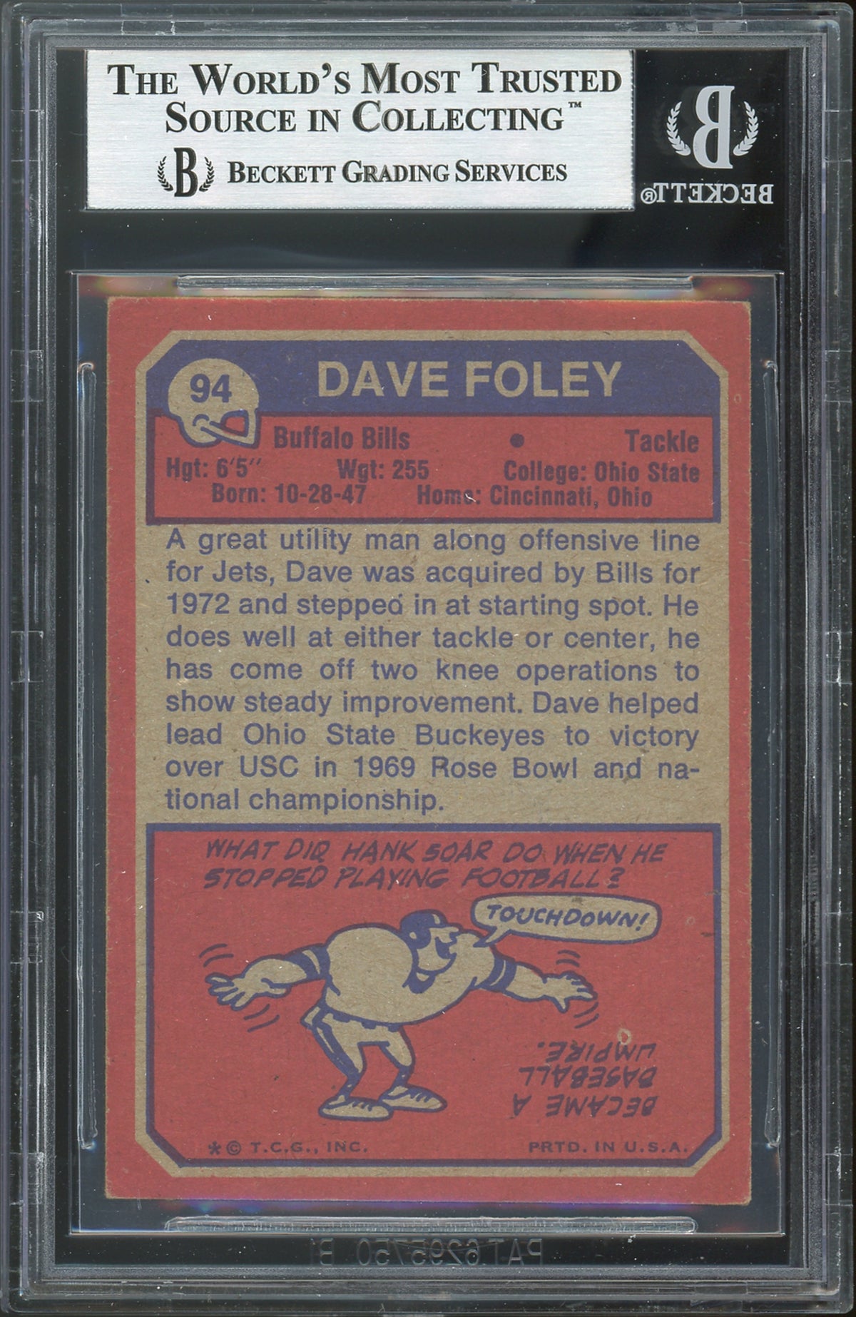 Bills Dave Foley Authentic Signed 1973 Topps #94 Card BAS Slabbed
