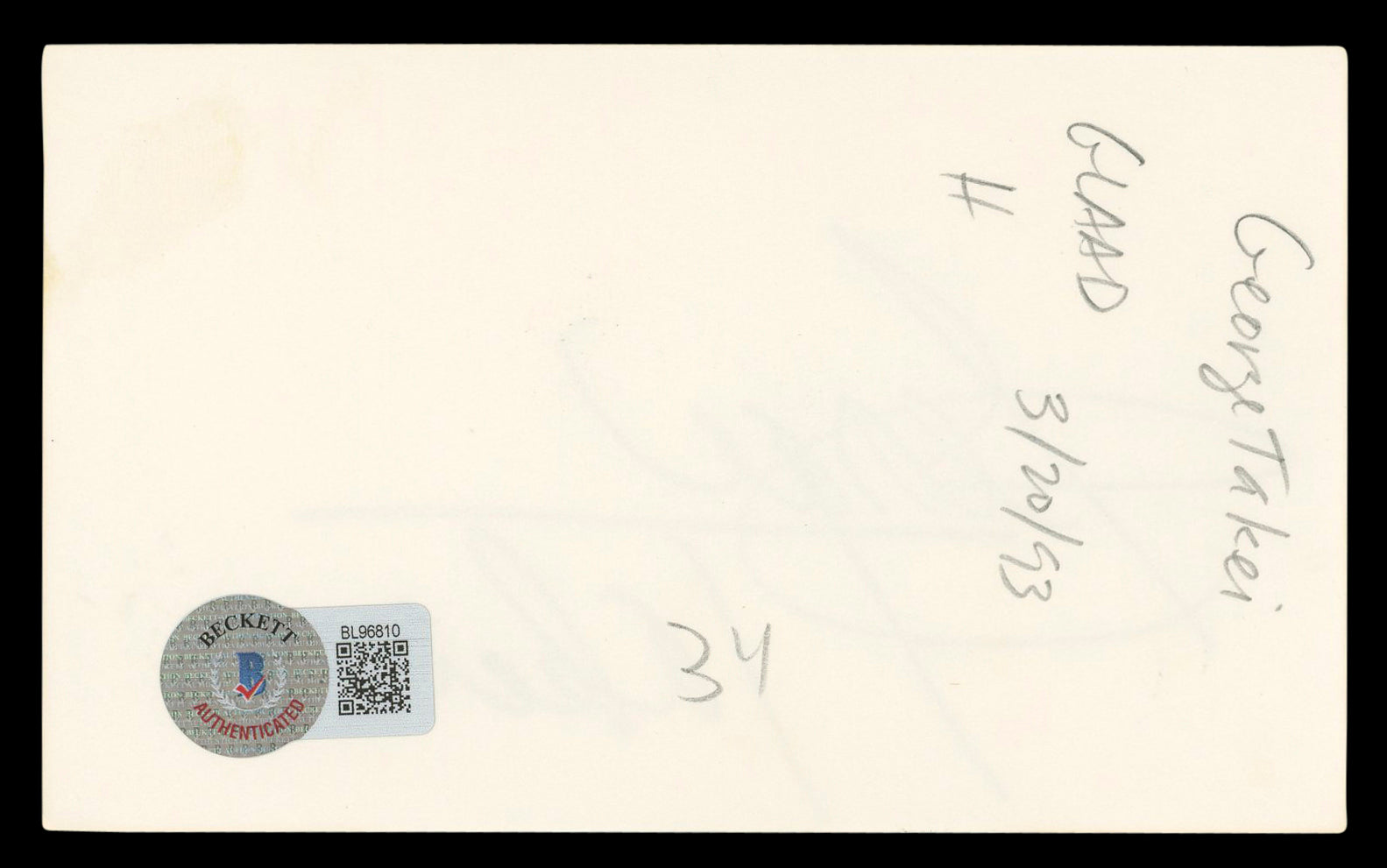 George Takei Star Trek: The Original Series Signed 3x5 Index Card BAS #BL96810