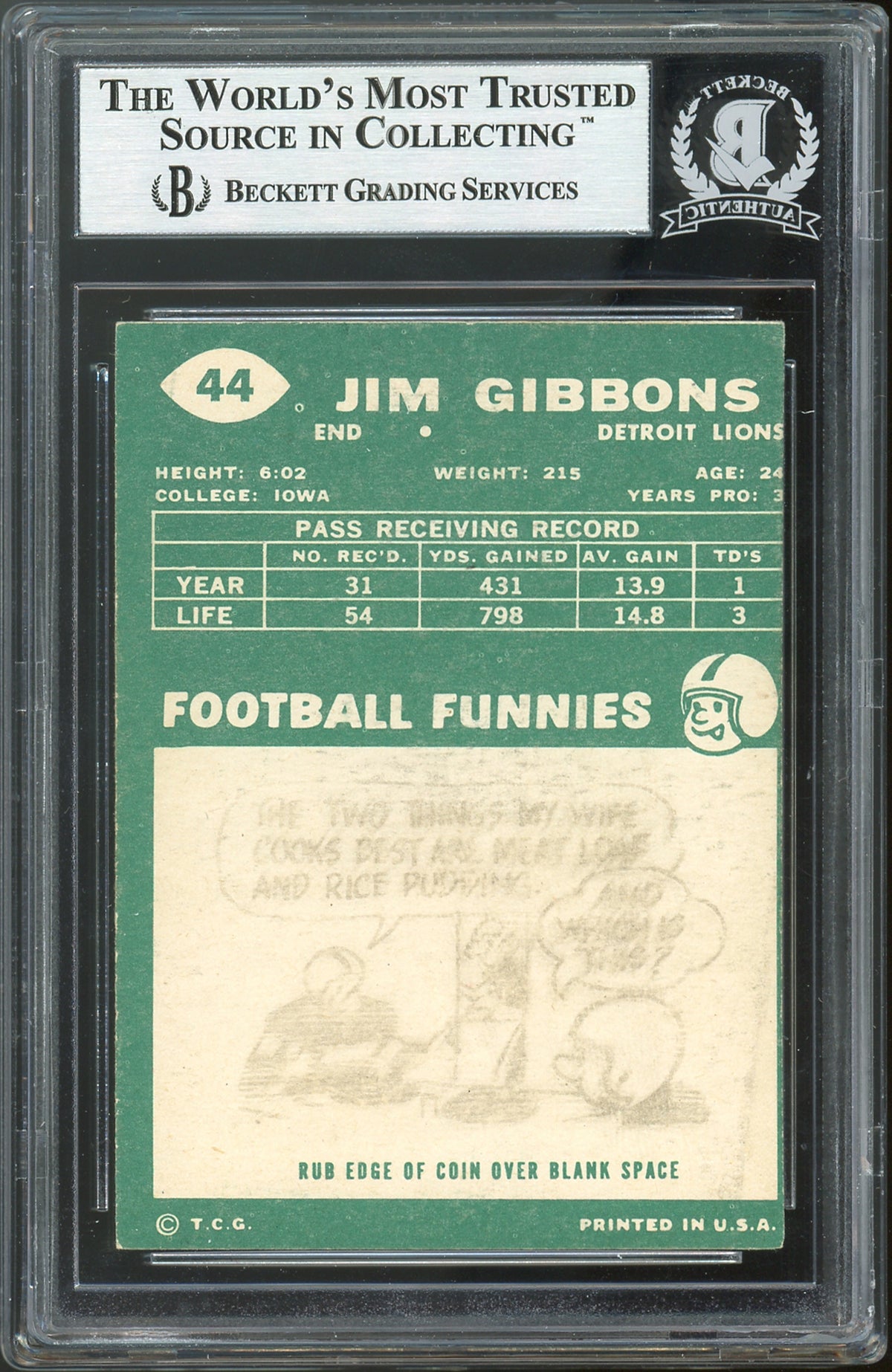 Lions Jim Gibbons Best Wishes! Authentic Signed 1960 Topps #44 Card BAS Slabbed