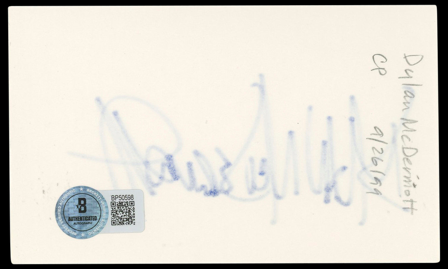 Dylan McDermott The Practice Authentic Signed 3x5 Index Card BAS #BP50598