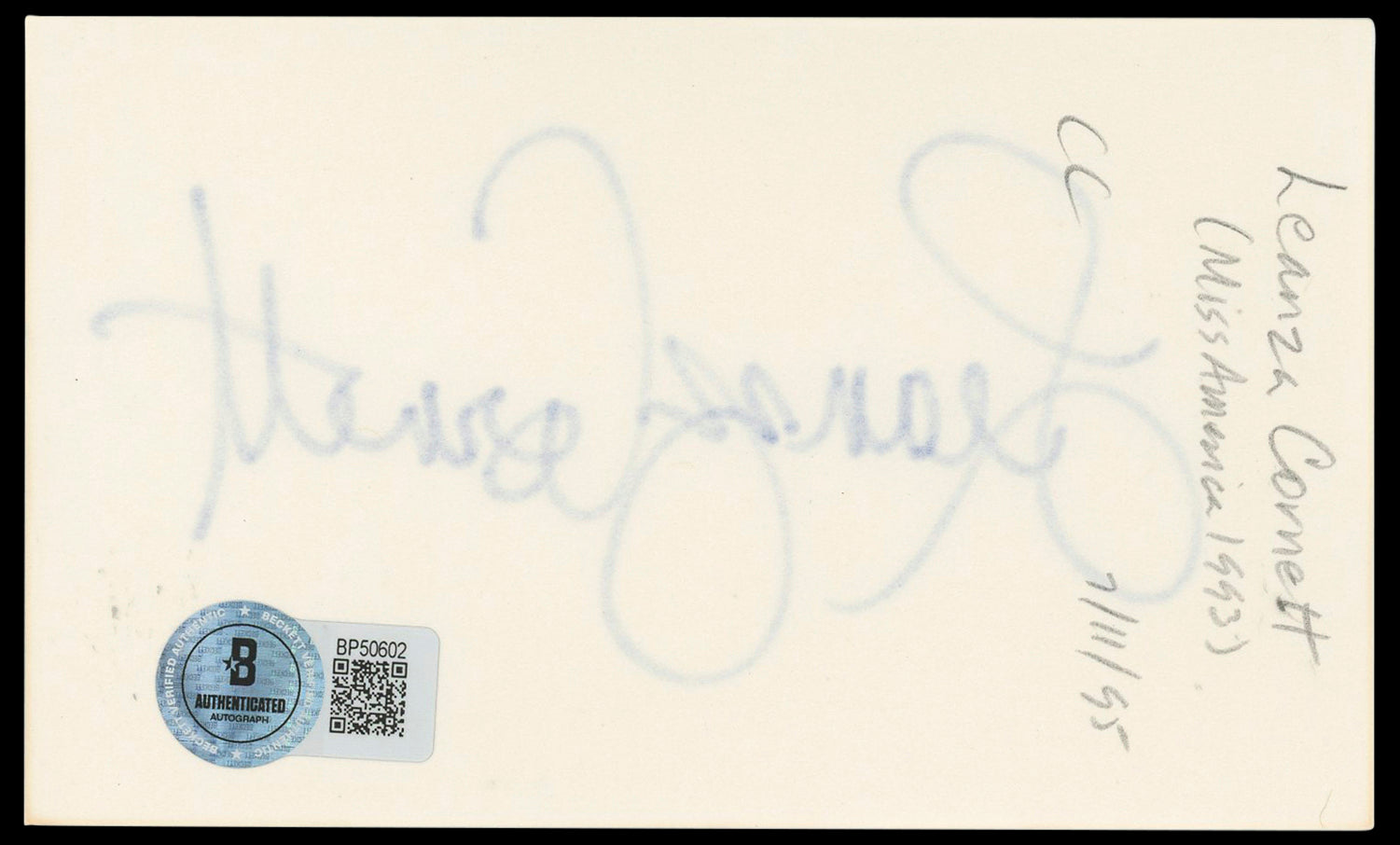 Leanza Cornett Miss America 1993 Authentic Signed 3x5 Index Card BAS #BP50602