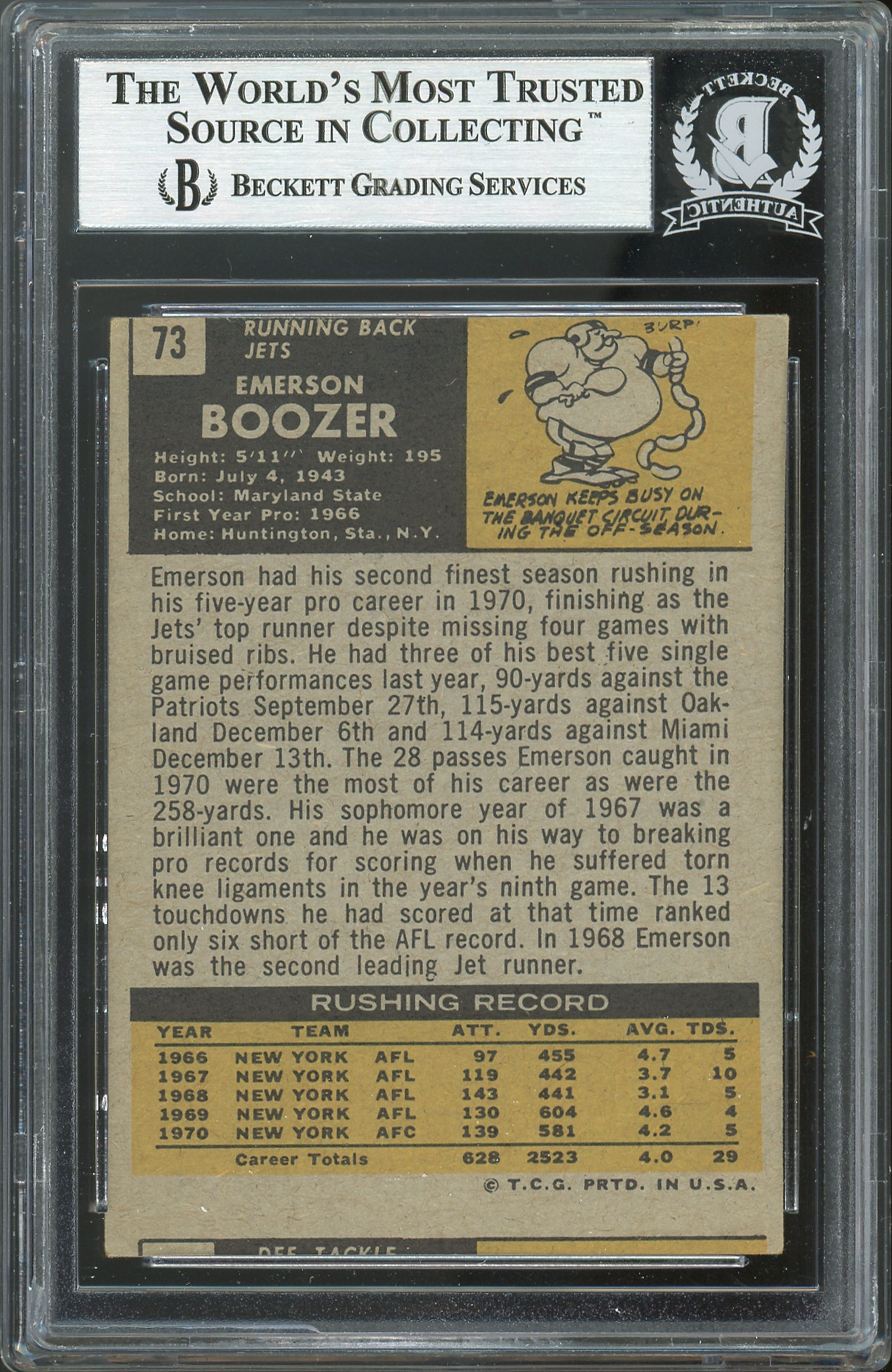 Jets Emerson Boozer Authentic Signed 1971 Topps #73 Card BAS Slabbed