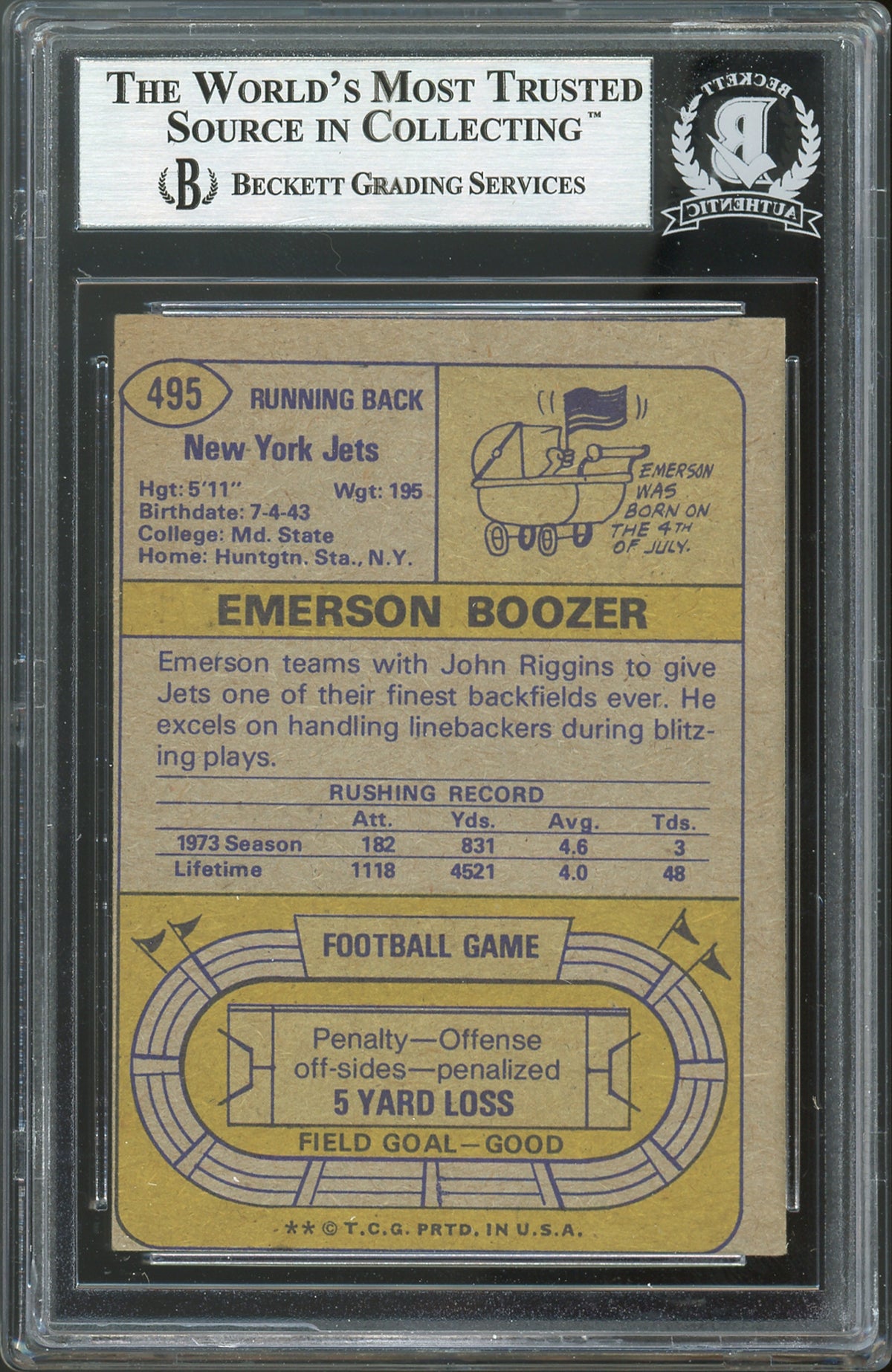 Jets Emerson Boozer SB III Champs Authentic Signed 1974 Topps #495 Card BAS Slab