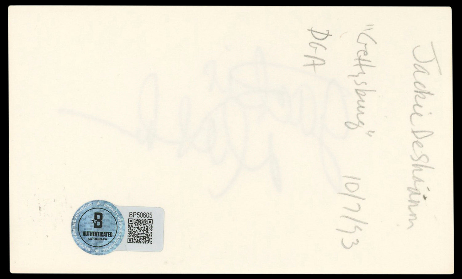 Jackie DeShannon Authentic Signed 3x5 Index Card Autographed BAS #BP50605