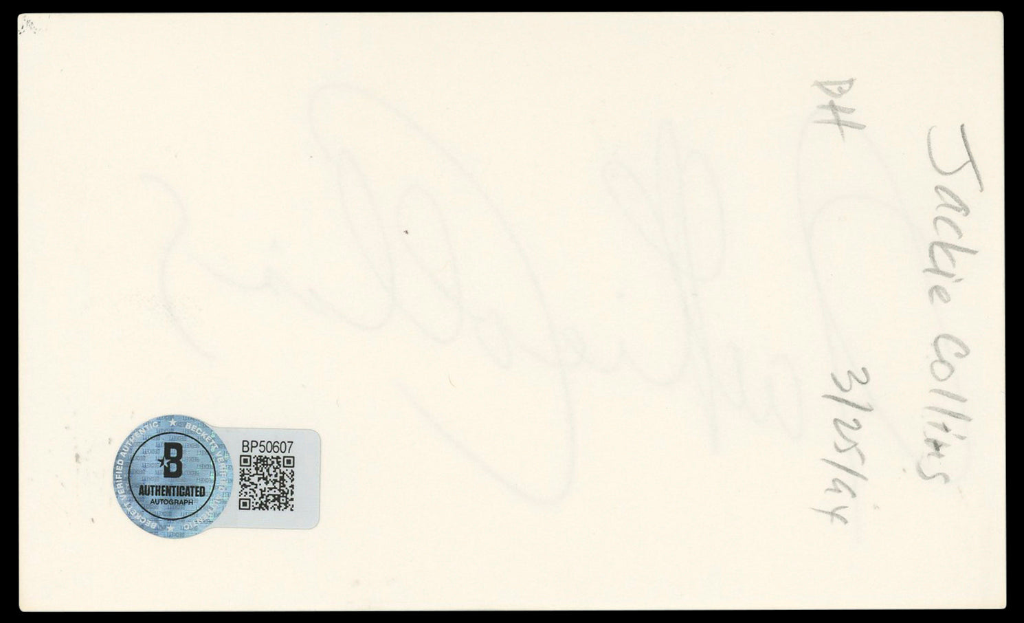 Jackie Collins Authentic Signed 3x5 Index Card Autographed BAS #BP50607
