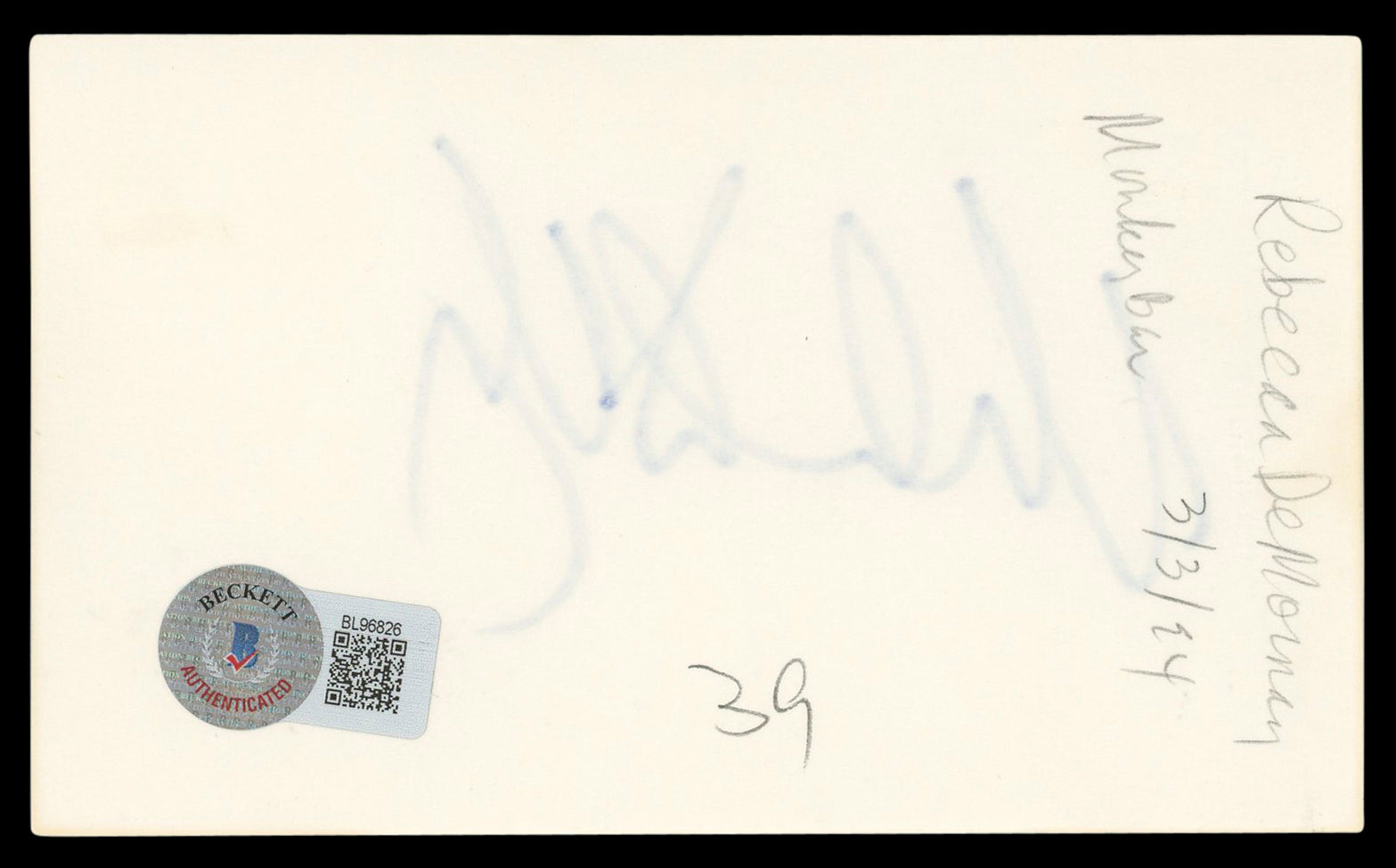 Rebecca De Mornay Risky Business Authentic Signed 3x5 Index Card BAS #BL96826