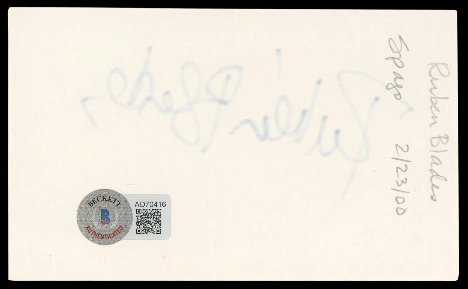 Rubén Blades Hands of Stone Authentic Signed 3x5 Index Card BAS #AD70416