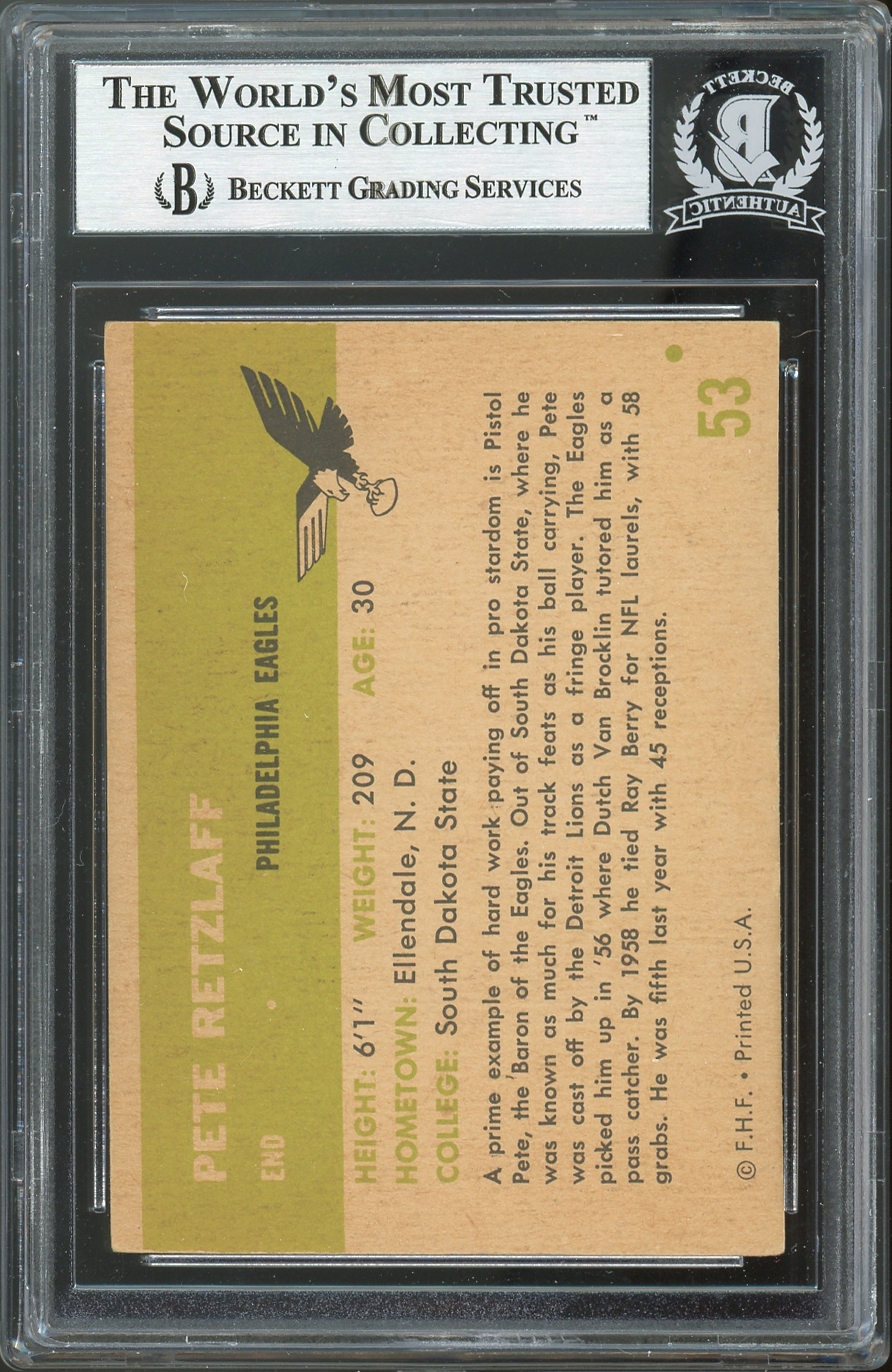 Eagles Pete Retzlaff Authentic Signed 1961 Fleer #53 Card Autographed BAS Slab