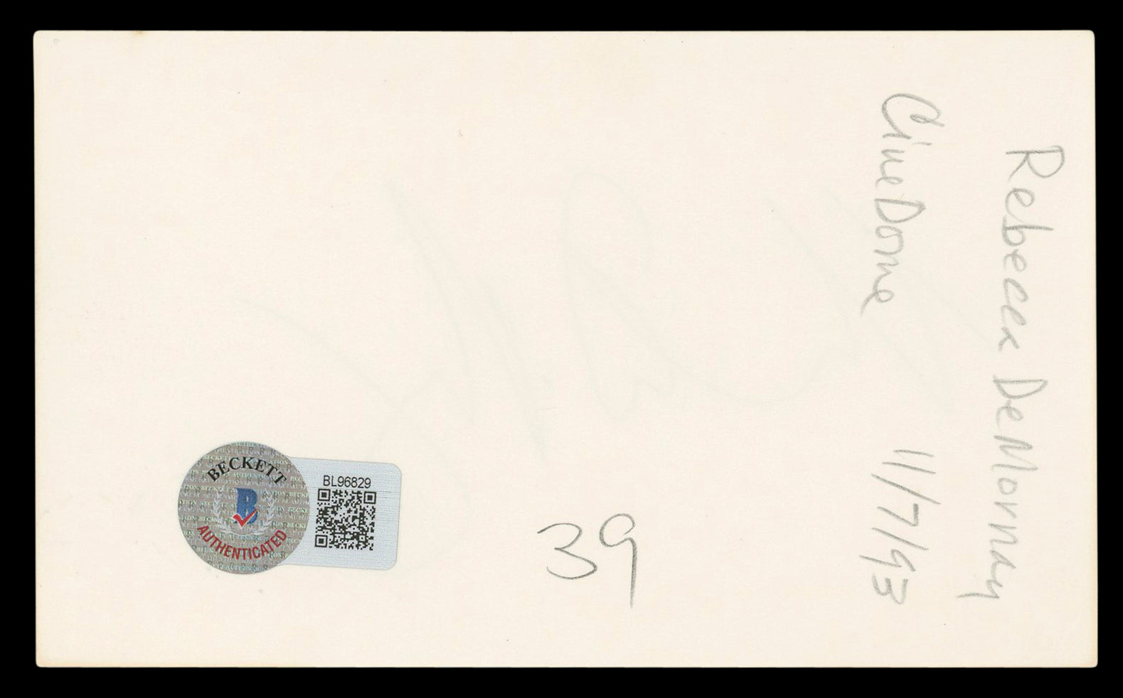 Rebecca De Mornay Risky Business Authentic Signed 3x5 Index Card BAS #BL96829