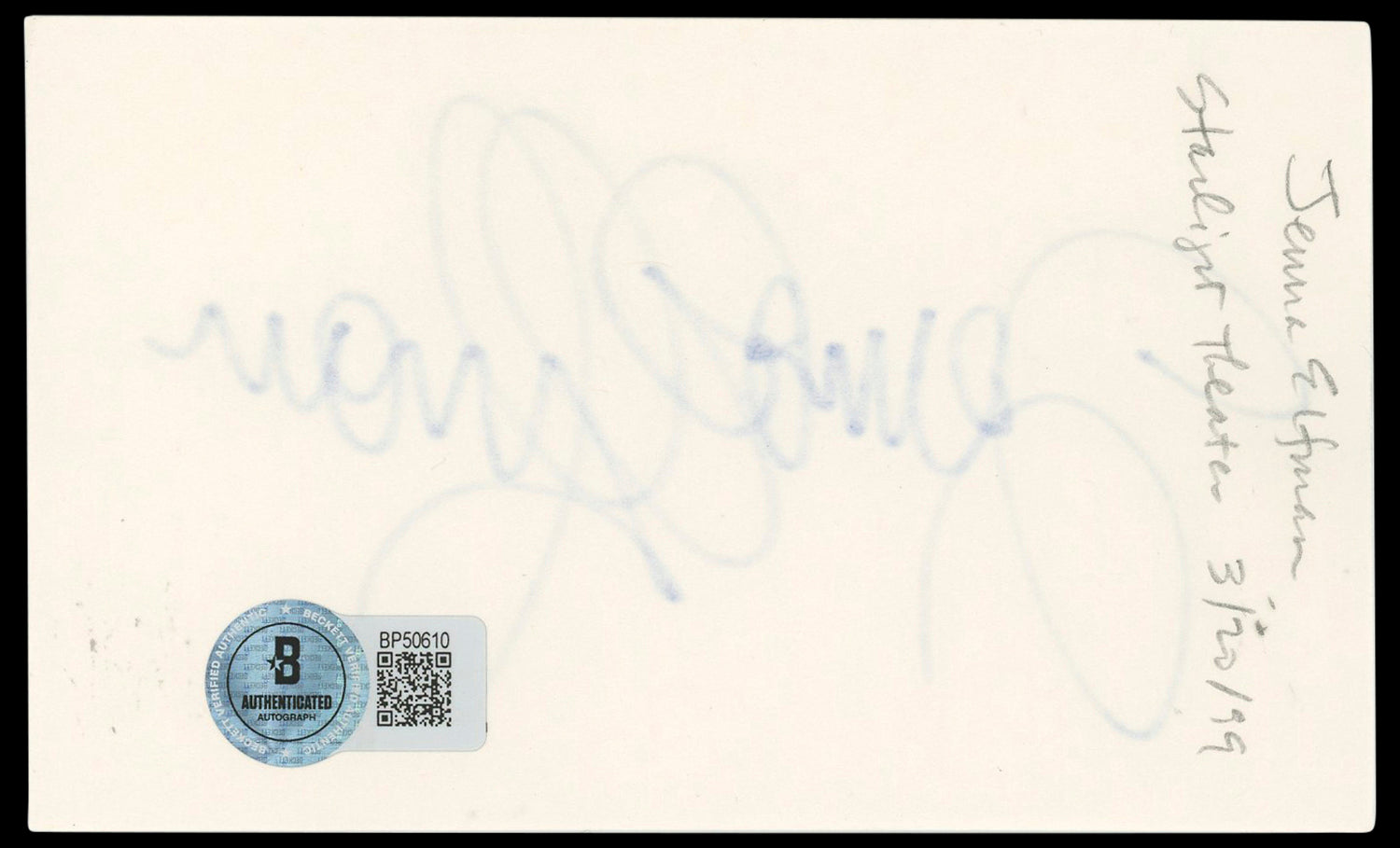 Jenna Elfman Dharma & Greg Authentic Signed 3x5 Index Card BAS #BP50610
