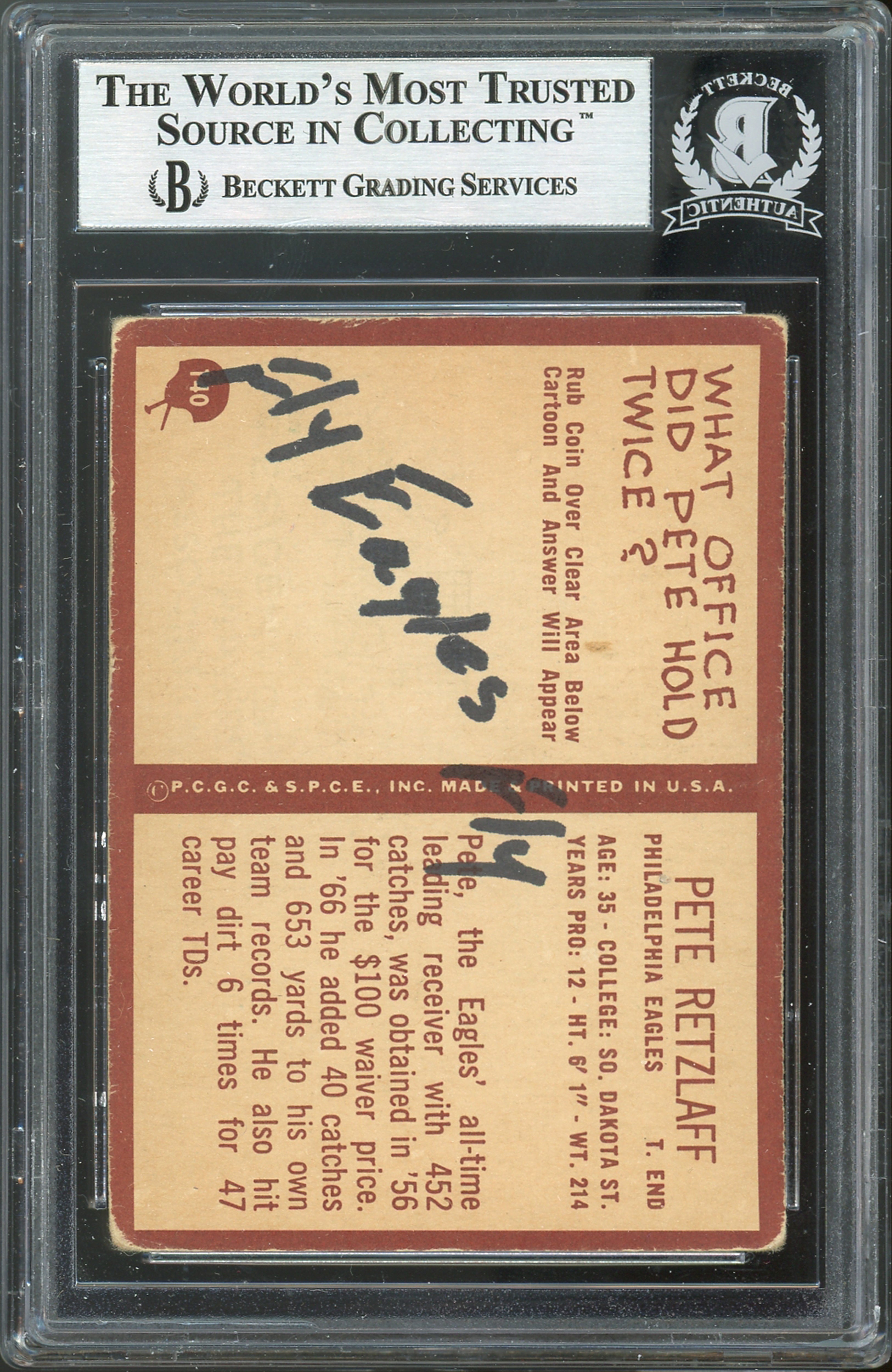 Eagles Pete Retzlaff Fly Eagles Fly Signed 1967 Philadelphia #140 Card BAS Slab