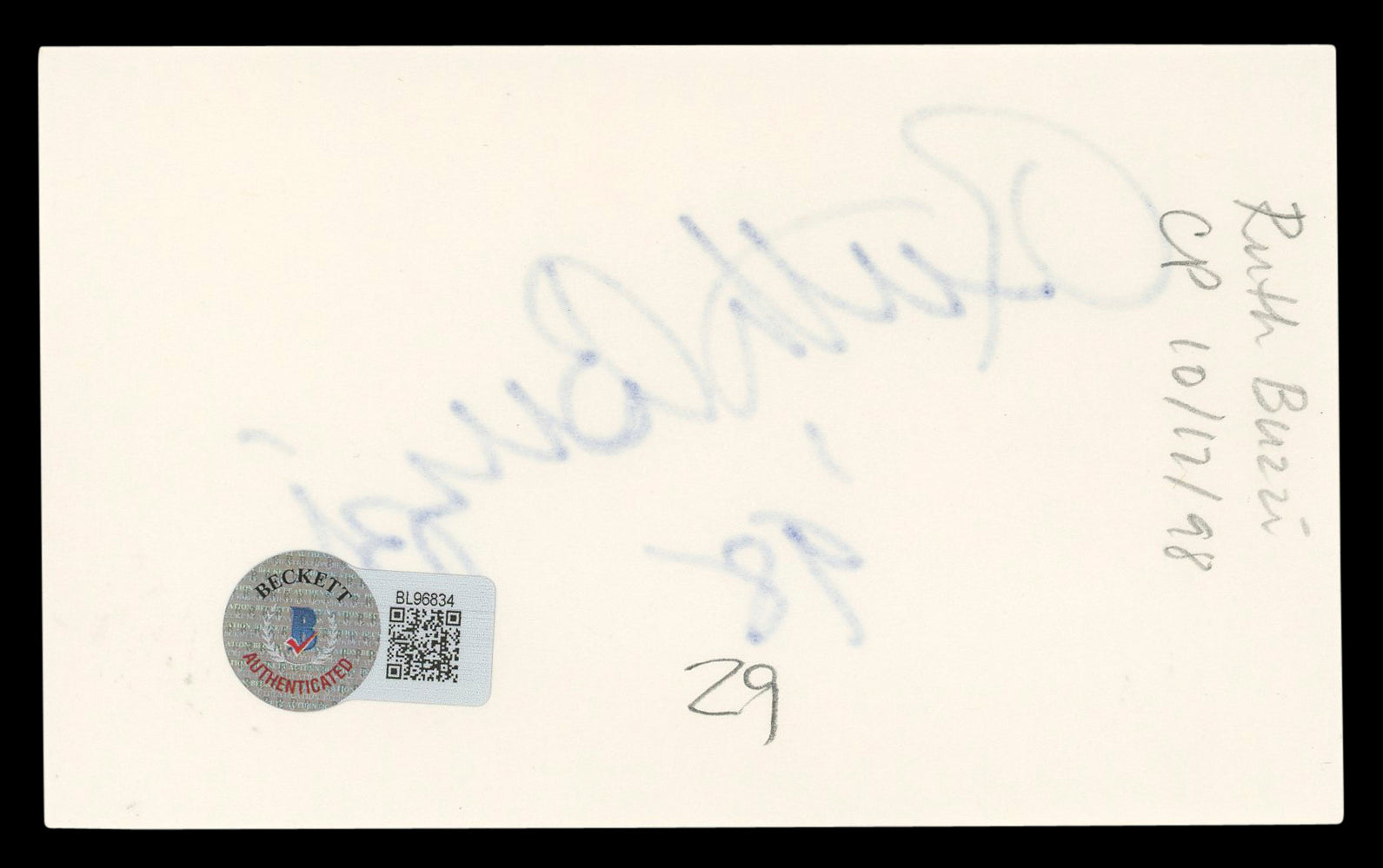 Ruth Buzzi Rowan & Martin's Laugh-In "98" Signed 3x5 Index Card BAS #BL96834