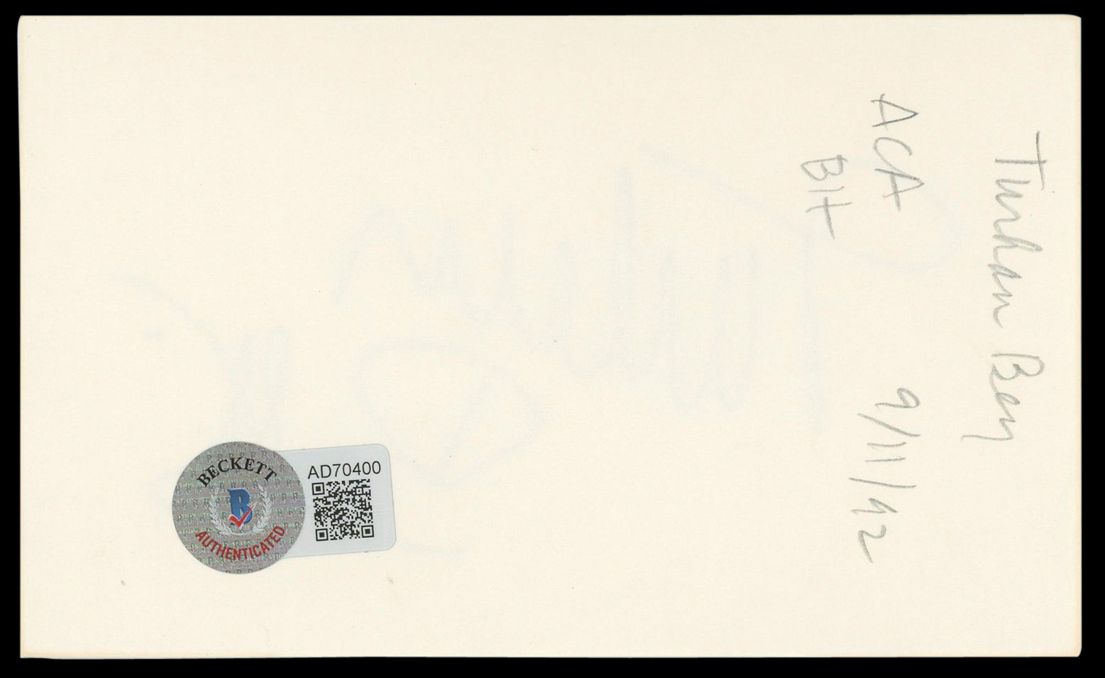 Turhan Bey The Mummy's Tomb Signed 3x5 Index Card Autographed BAS #AD70400
