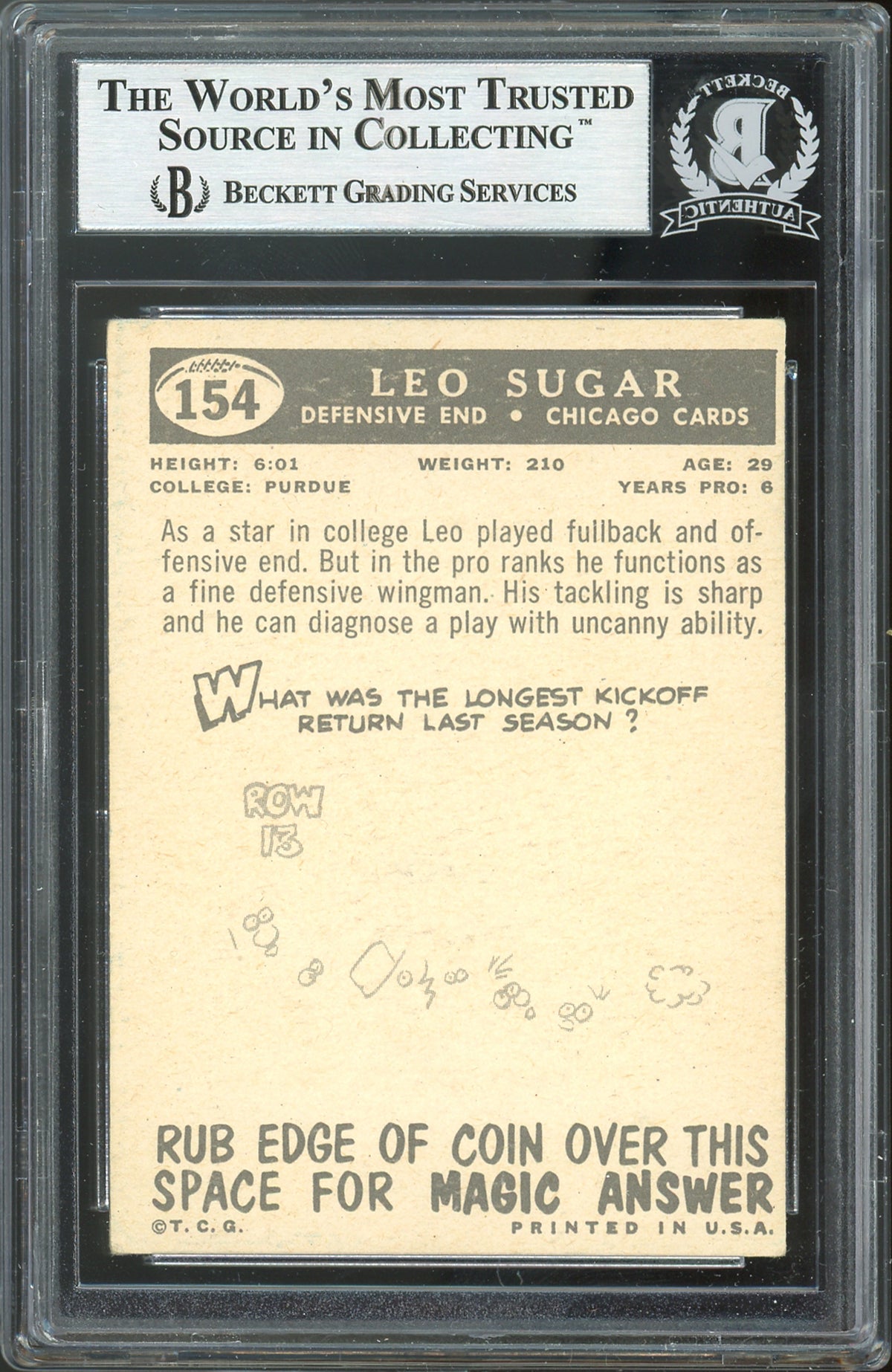 Cardinals Leo Sugar Authentic Signed 1959 Topps #154 Card BAS Slabbed