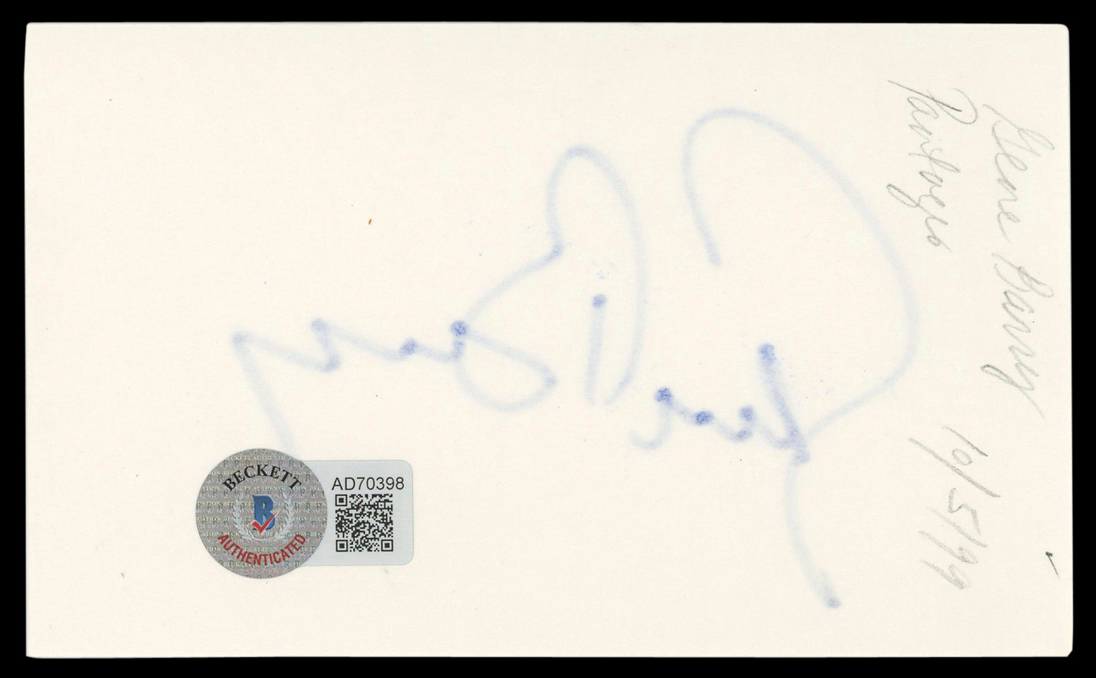 Gene Barry Bat Masterson Signed 3x5 Index Card Autographed BAS #AD70398