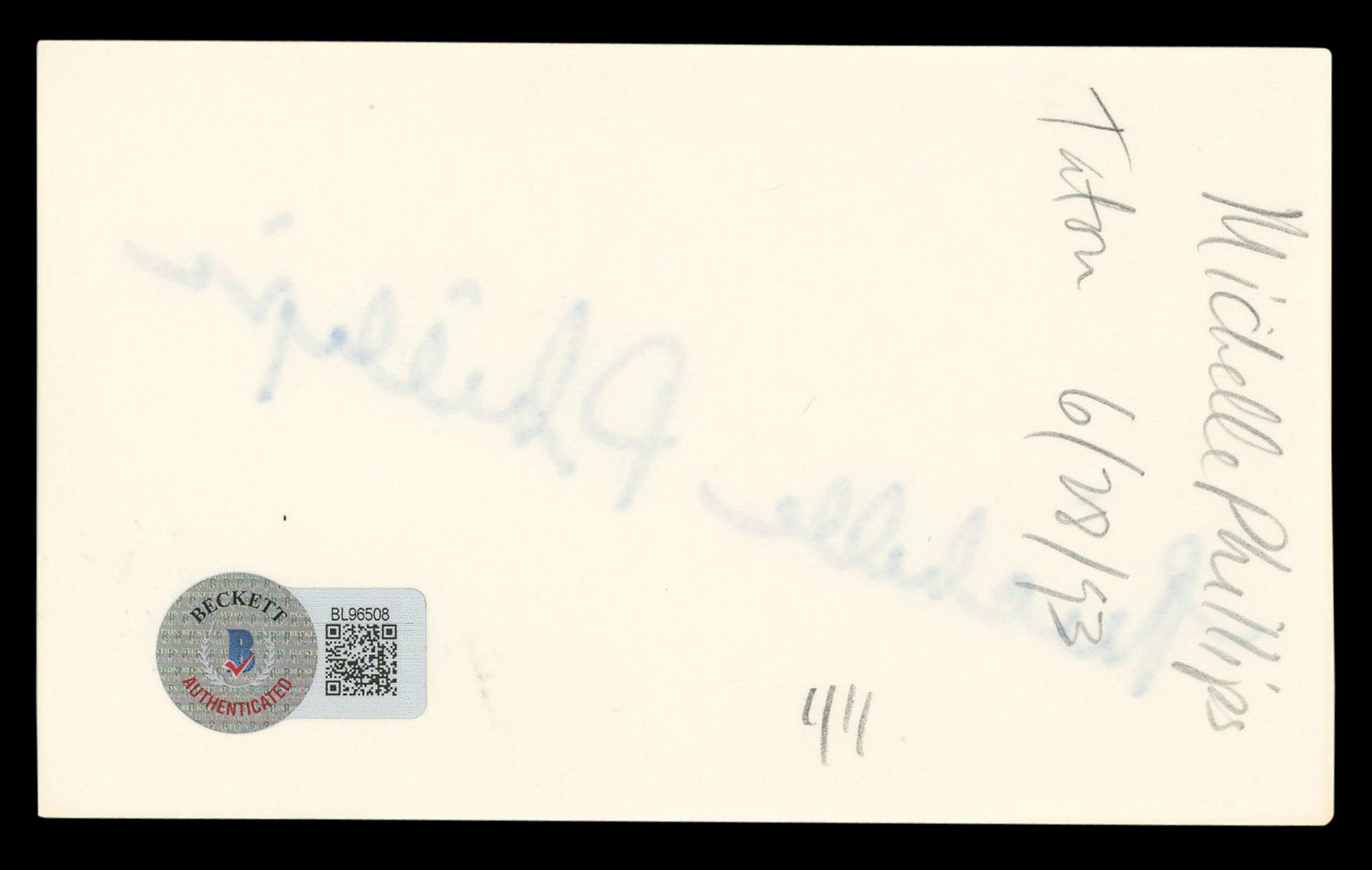 Michelle Phillips Knots Landing Authentic Signed 3x5 Index Card BAS #BL96508