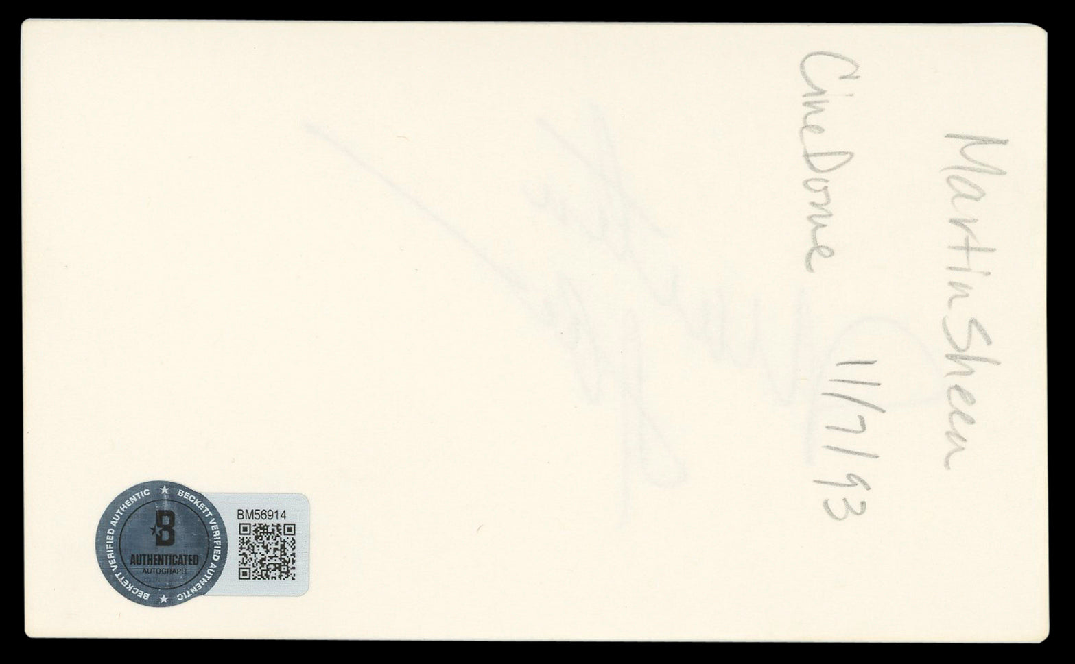 Martin Sheen The Departed Authentic Signed 3x5 Index Card BAS #BM56914