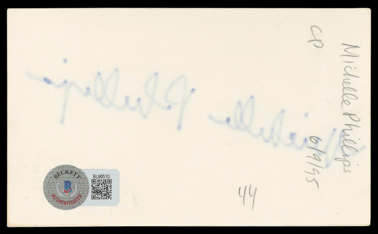Michelle Phillips Knots Landing Authentic Signed 3x5 Index Card BAS #BL96510