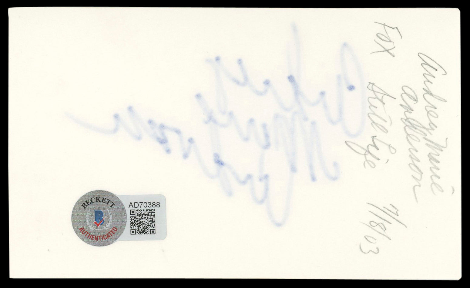 Audrey Marie Anderson The Unit Signed 3x5 Index Card Autographed BAS #AD70388