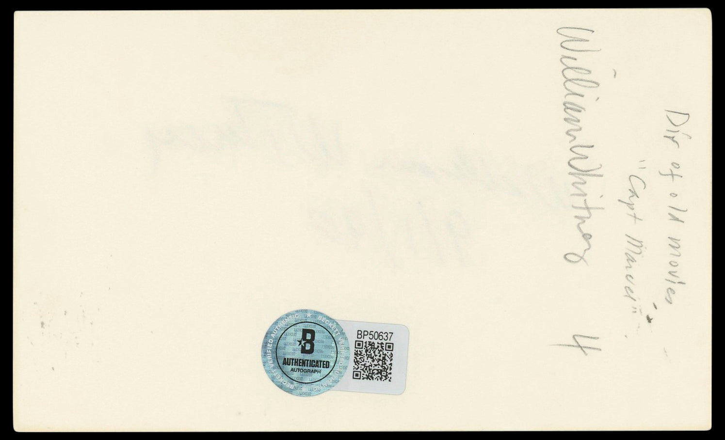 William Whitney 9/1/90 Authentic Signed 3x5 Index Card Autographed BAS #BP50637