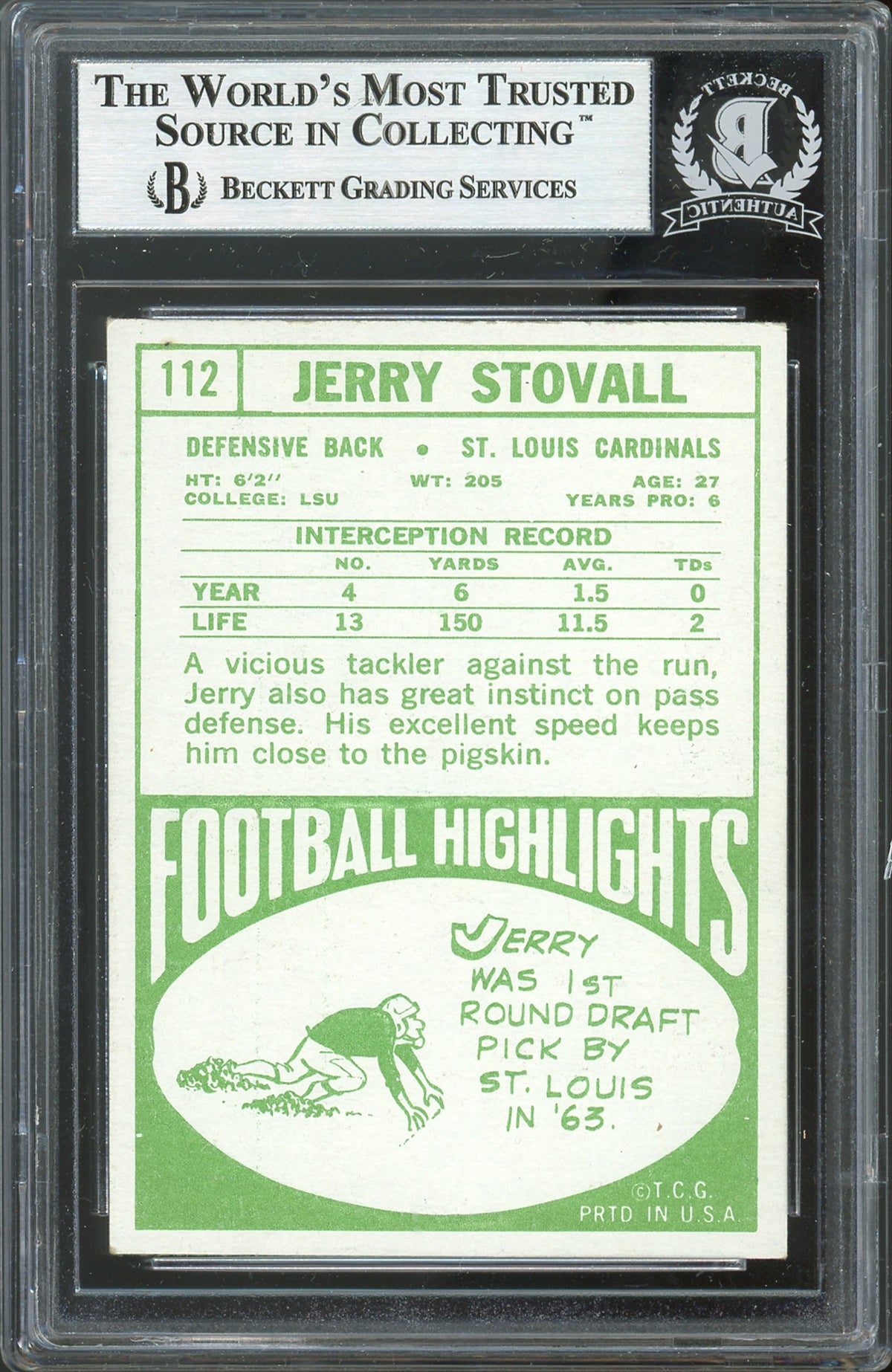 Cardinals Jerry Stovall HOF 2010 Authentic Signed 1968 Topps #112 Card BAS Slab