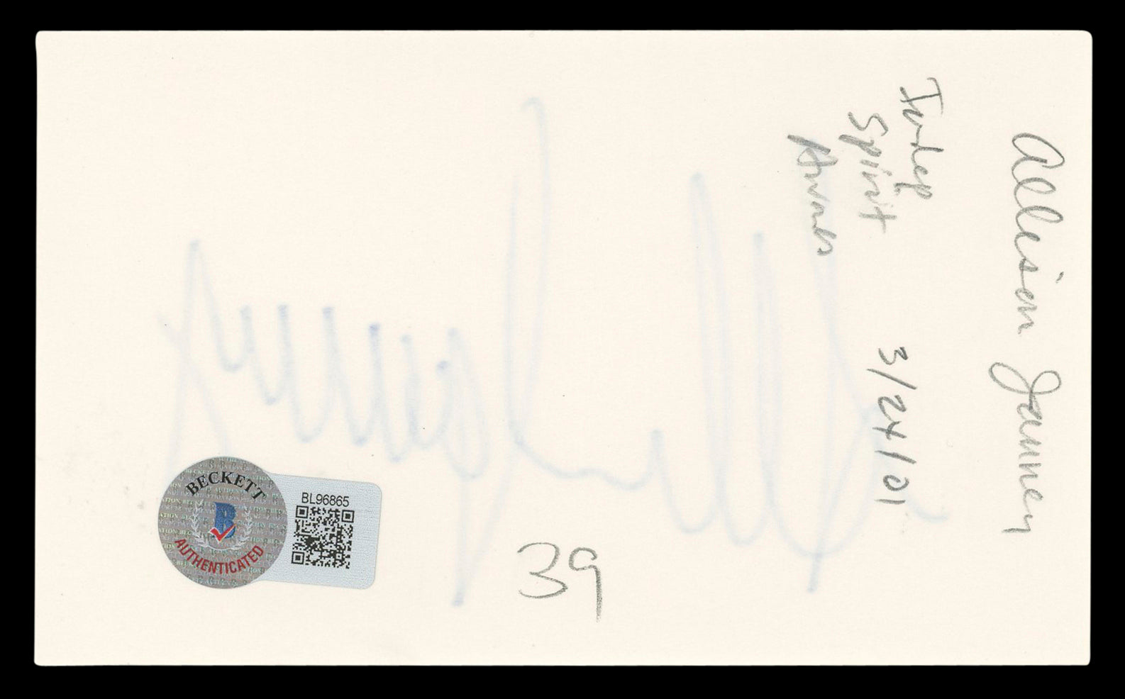 Allison Janney Mom Authentic Signed 3x5 Index Card Autographed BAS #BL96865