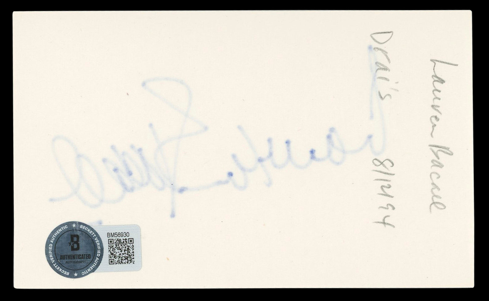 Lauren Bacall The Big Sleep Authentic Signed 3x5 Index Card BAS #BM56930